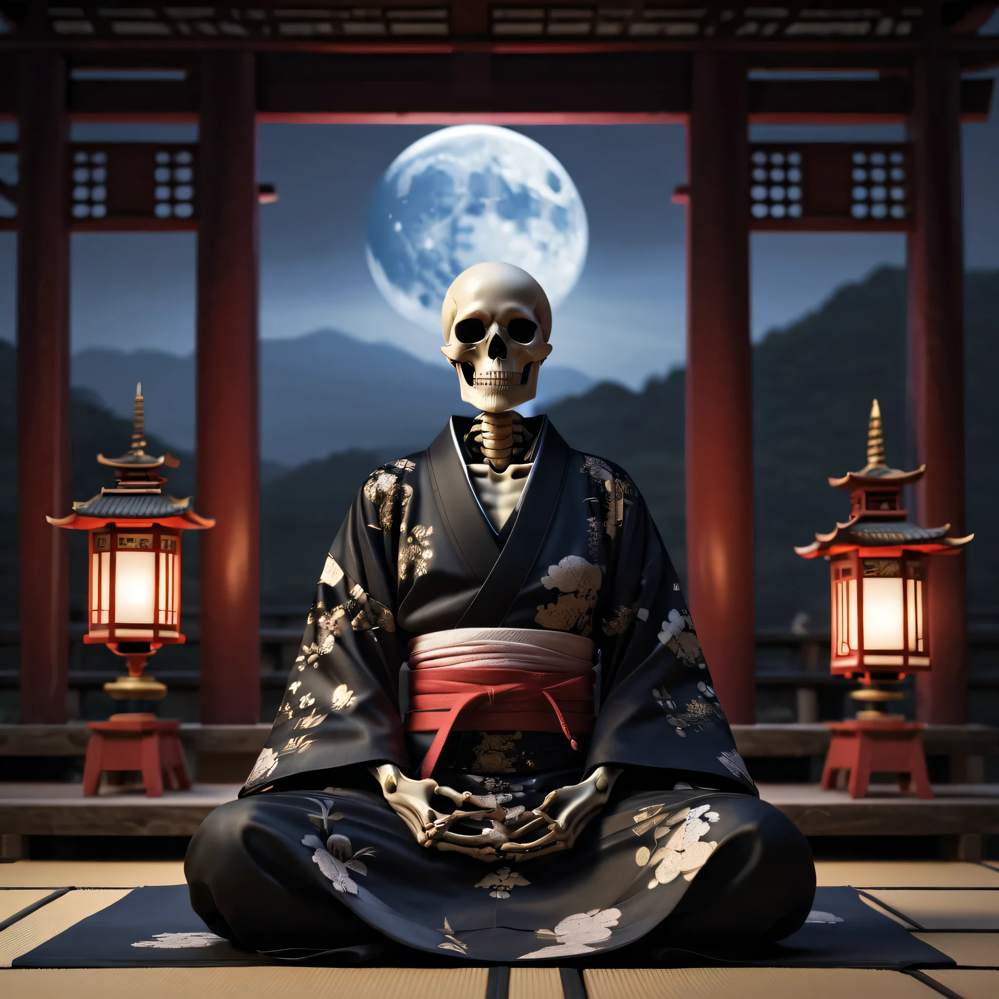 (Best Quality,4K,8K,hight resolution,masutepiece:1.2),Ultra-detailed,realistic black metallic skeleton,temple,Wabi-sabi,Meditate while wearing a kimono,dead body,passion:1.2,fullmoon