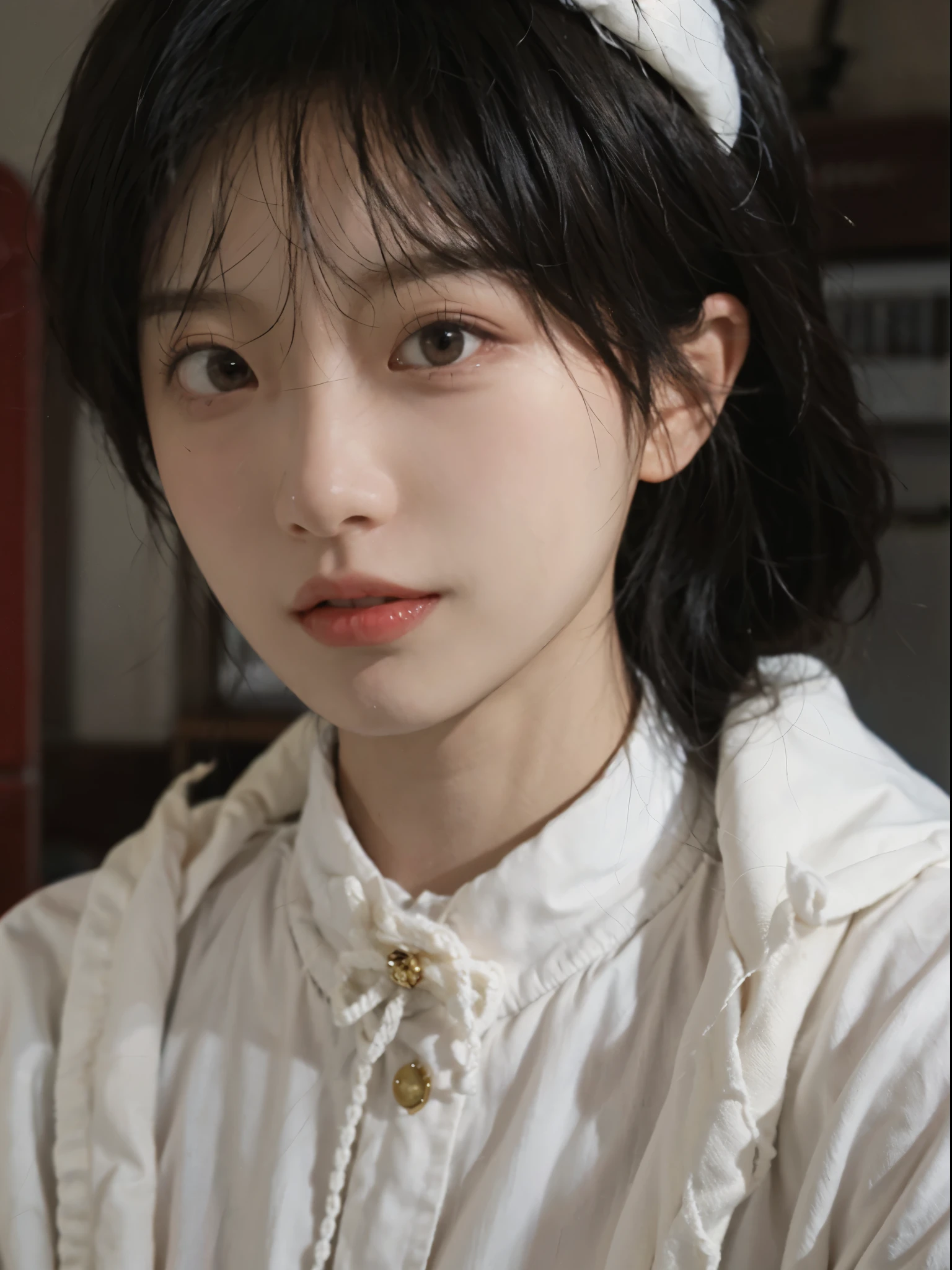 Best quality, 超高分辨率, white backgrounid,(realistically:1.4), girl, A pair of eyes as clear as snow,Imperial sister,Black long straight, looking at viewert, close up ,