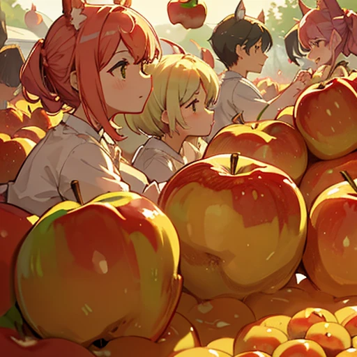An apple farmer covered in apple parfait serving large apples、Amazing dynamism、Amazing Angle、An apple sandstorm with unstable buoyancy scattering、((Many friendly large apples float closely together and chase each other.))、((surround each other'big apple))