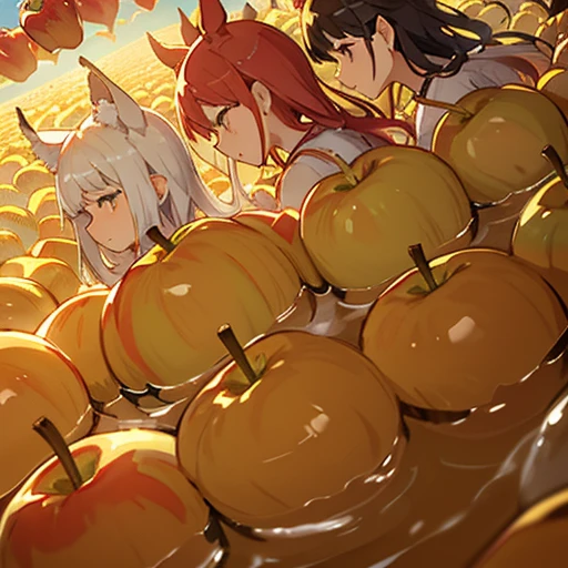 An apple farmer covered in apple parfait serving large apples、Amazing dynamism、Amazing Angle、An apple sandstorm with unstable buoyancy scattering、((Many friendly large apples float closely together and chase each other.))、((surround each other&#39;big apple))