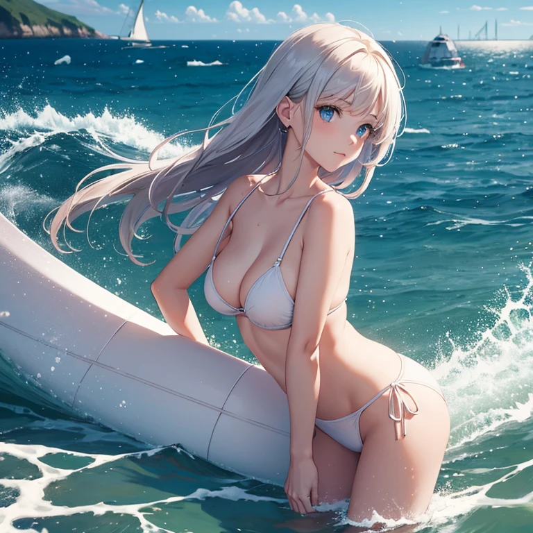 Femme nue grosse poitrine et des tétons qui surf sur une vague en Mer en plein jour et derrière en voie la lune