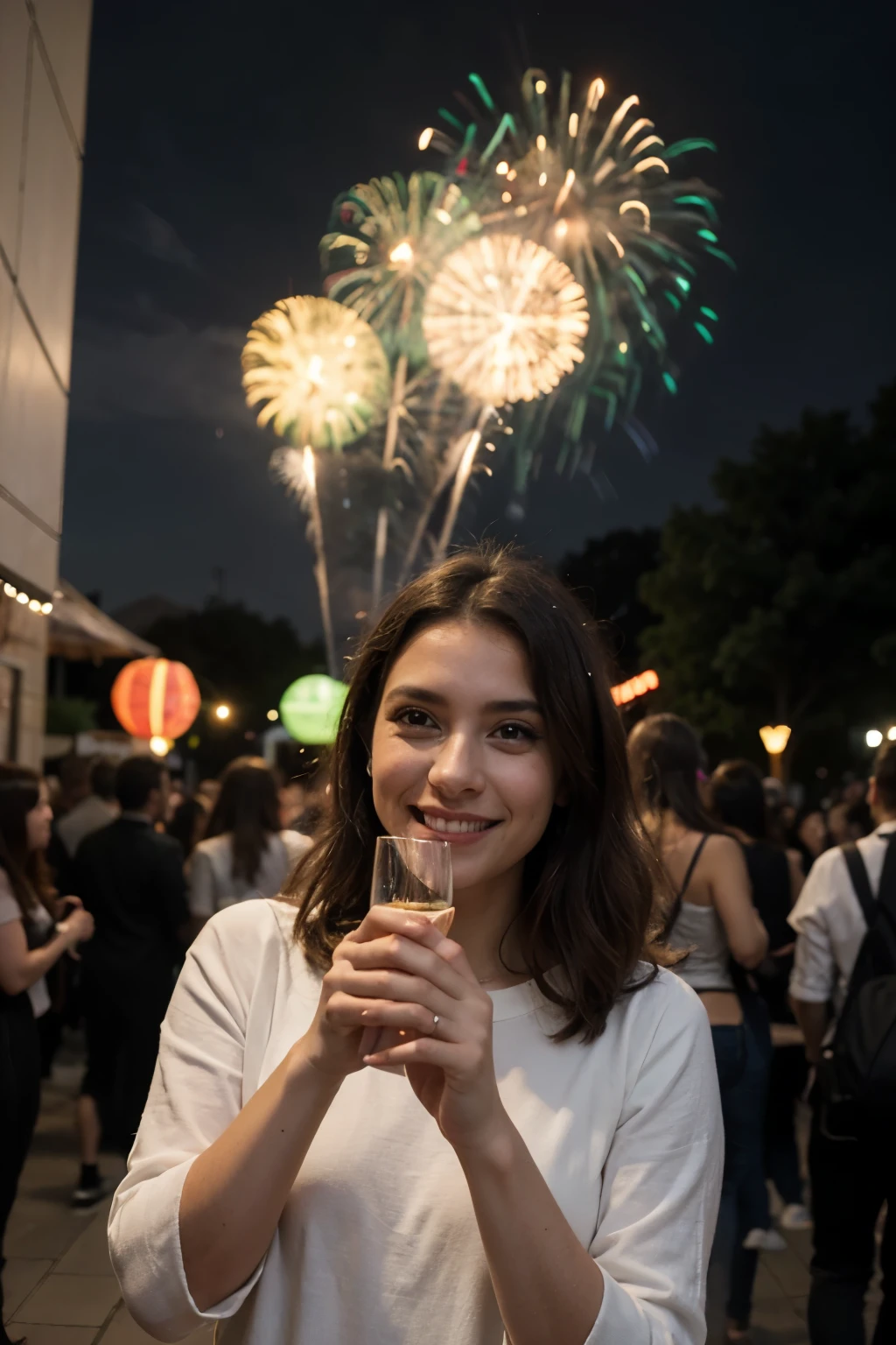 Genera una imagen vibrante y festiva que capte el momento expresado en el mensaje. En el centro de la imagen, destaca el nombre "DALISBEL" con letras elegantes y festivas, surrounded by happy elements that symbolize the transition from 2023 to 2024.
En la parte superior, crea un cielo lleno de fuegos artificiales que iluminan la escena con destellos de colores brillantes. Agrega globos flotando en el aire, each carrying with them the numbers 2023 and 2024, symbolizing farewell to the previous year and welcoming the new one.
Coloca relojes marcando el cambio de tiempo, indicando la salida del 2023 y la entrada triunfal del 2024. Esparce confeti y serpentinas por todo el escenario, adding a touch of celebration and joy.
En la mano de alguien, includes a glass of champagne rising in a toast, destacando los buenos deseos expresados en el mensaje. Make sure the expressions of the people present reflect the joy, amor y gratitud mencionados en la carta.
The overall atmosphere of the image should radiate happiness and positivity, capturing the optimistic spirit of the new year.