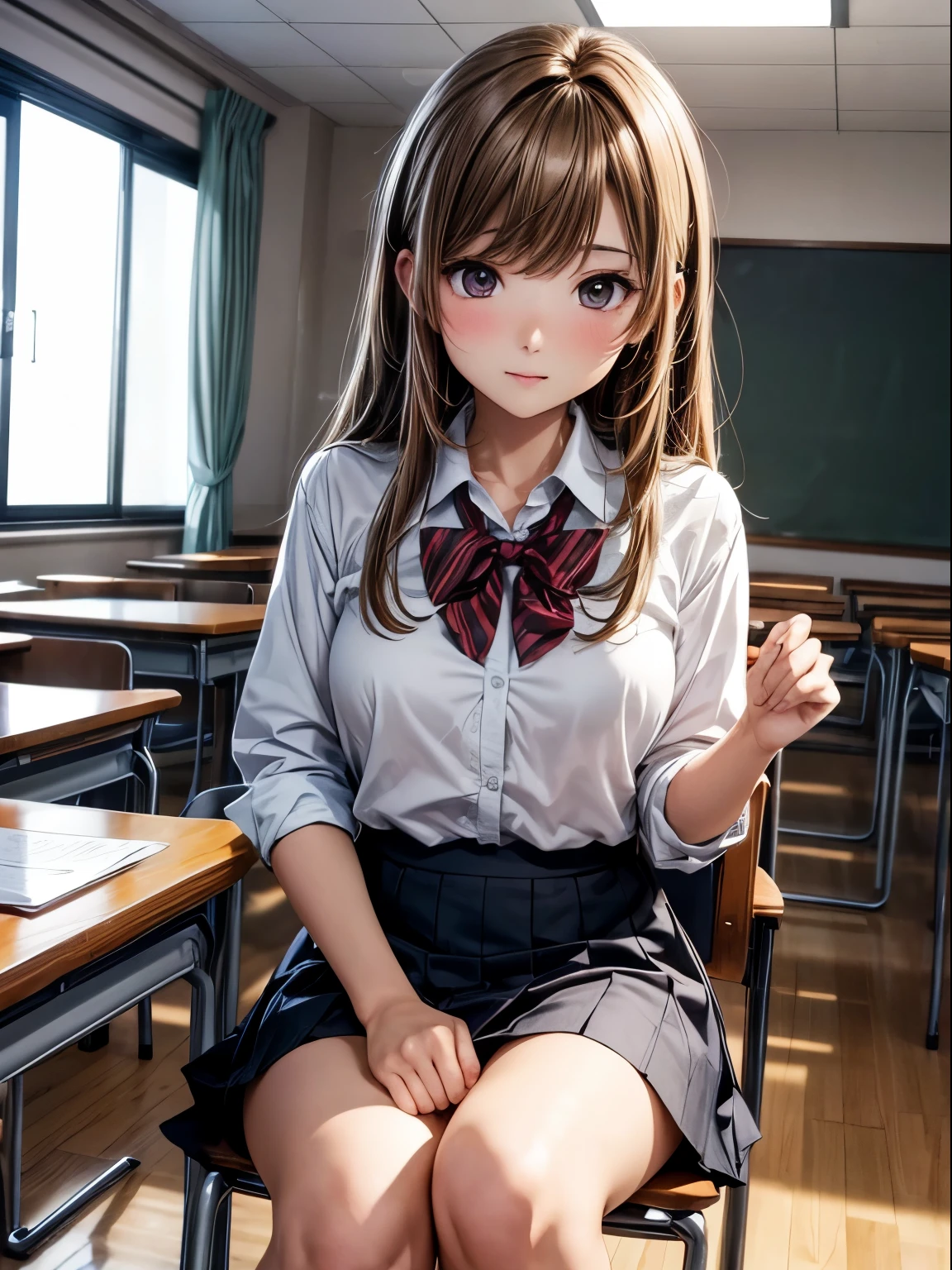 Colegiala mostrando sus pechos, ((Pezones detallados)), Ropa interior japonesa, Classroom, senos medianos, coqueta, ((muy detallado)), Cara perfectamente detallada, Mano detallada, Imagen fotorrealista.