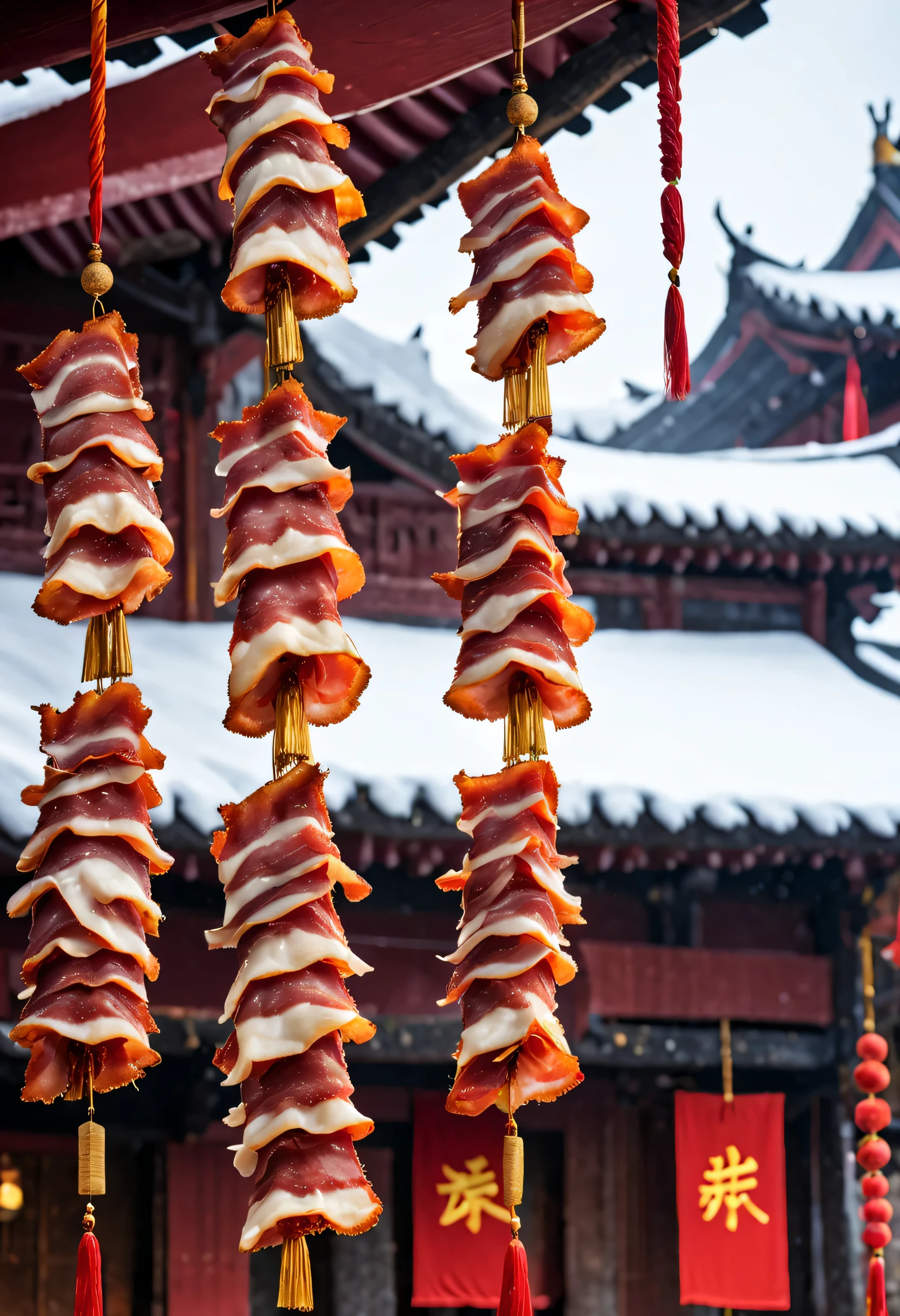 (Close-up of large pieces of Chinese Sichuan marinated meat hanging on a big red rope under the eaves),Northeast Snow Country Fireworks Festival Night,Red and gold are the main colors,white outdoor,The content is very detailed, Best quality, A high resolution, tmasterpiece, photographyrealism, 8K, Perspectives, rustic, S Kahn,