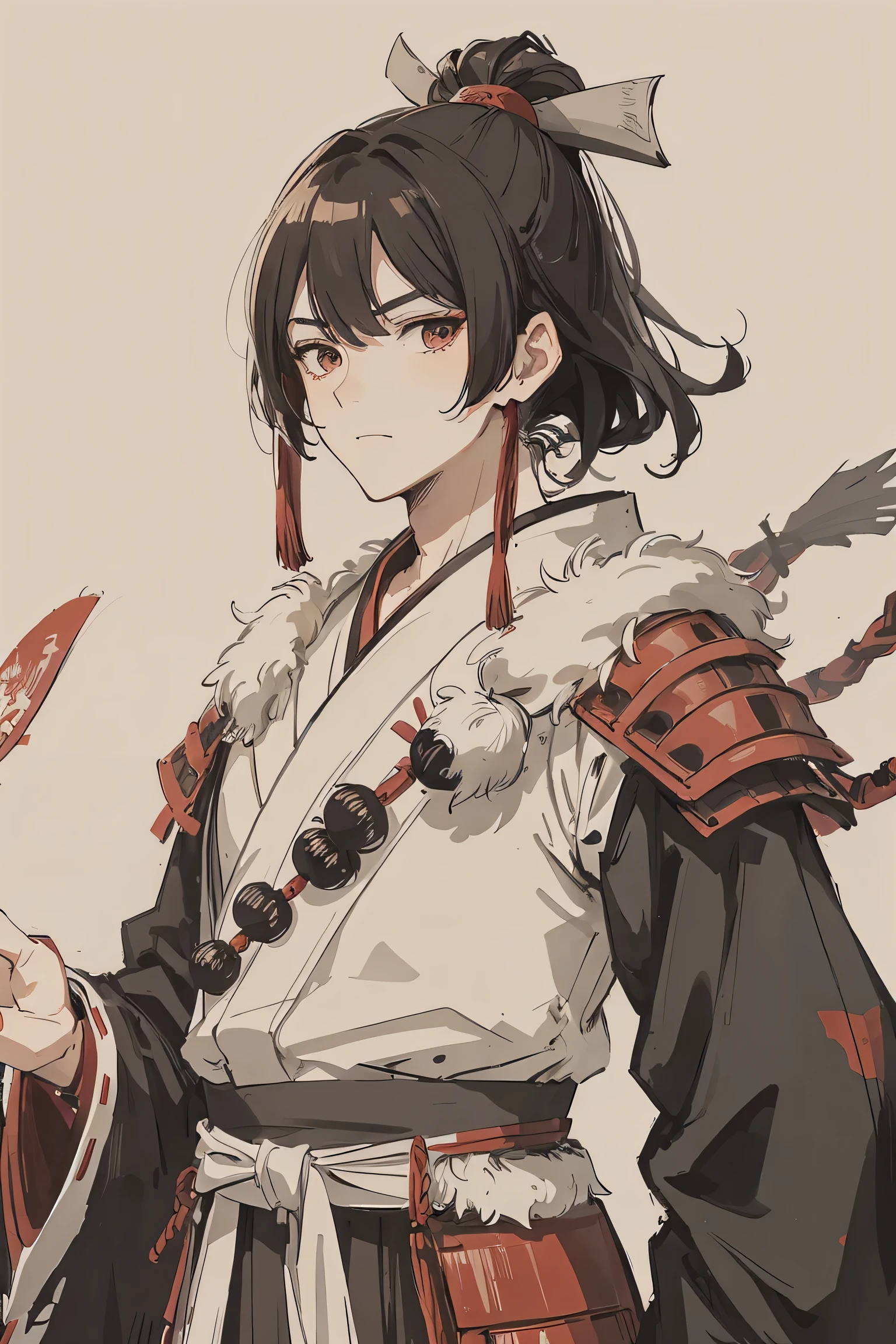 sparrow, a black haired men, wearing a red samurai armor, medium hair, samurai armor, slim body, shirt ornament, hakama, men, handsome face