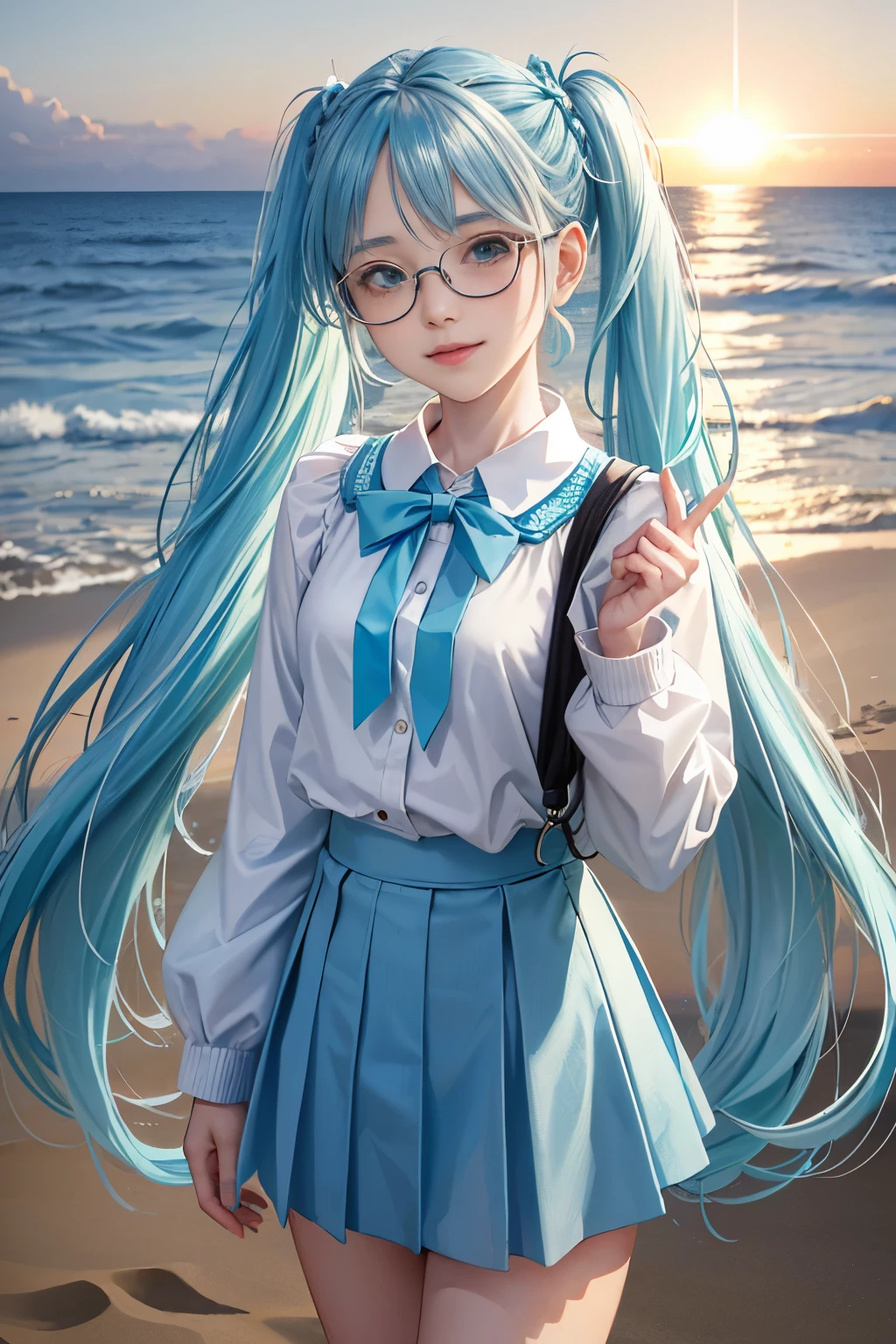 (Facial Focus), (1 girl, Female, Woman, Solo, pale skin, Casual Fashion, kawaii), (Long hair, Single braided hair, Light blue hair, Cute face, lightsmile), (By the sea), Milky way, Sunset、miku hatsune、long twintail、Pale light blue blouse、Light blue skirt、wears glasses、