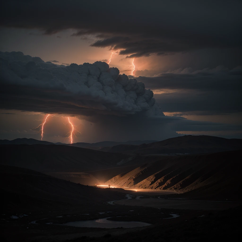 a very dark landscape with many red lightning