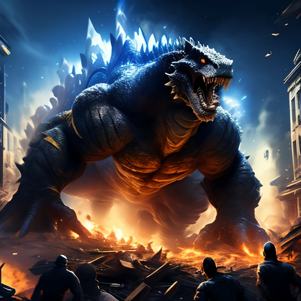 Godzilla,colossal, muscular, dark scales, black scales, golden stripes, hard scales, reptile pupils, golden eyes, golden claws, HDR, city, ultra-detailed, realistic, sharp focus, bokeh, vivid colors, studio lighting,physically-based rendering, horror, concept artists, dark ocean, destruction, massive tail, towering buildings, terrified civilians, fiery breath, chaotic battle, crumbling infrastructure, smoke and debris, radiant glow, apocalyptic atmosphere, moonlit sky, epic confrontation, immense power, intense energy, spine-chilling roars, adrenaline-pumping action, post-apocalyptic cityscape, trembling ground, adrenaline-fueled rampage, monster's colossal form, dramatic silhouette, epic-scale destruction, awe-inspiring spectacle.