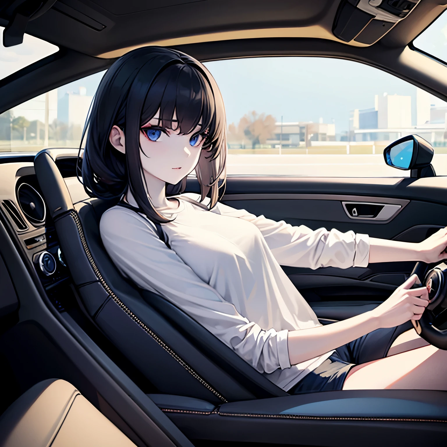 Looking from window, steering wheel in front of character, Driving, Driver seat, Lamborghini, Petite, baggy clothes, fully clothed, girl, very white skin, clear skin