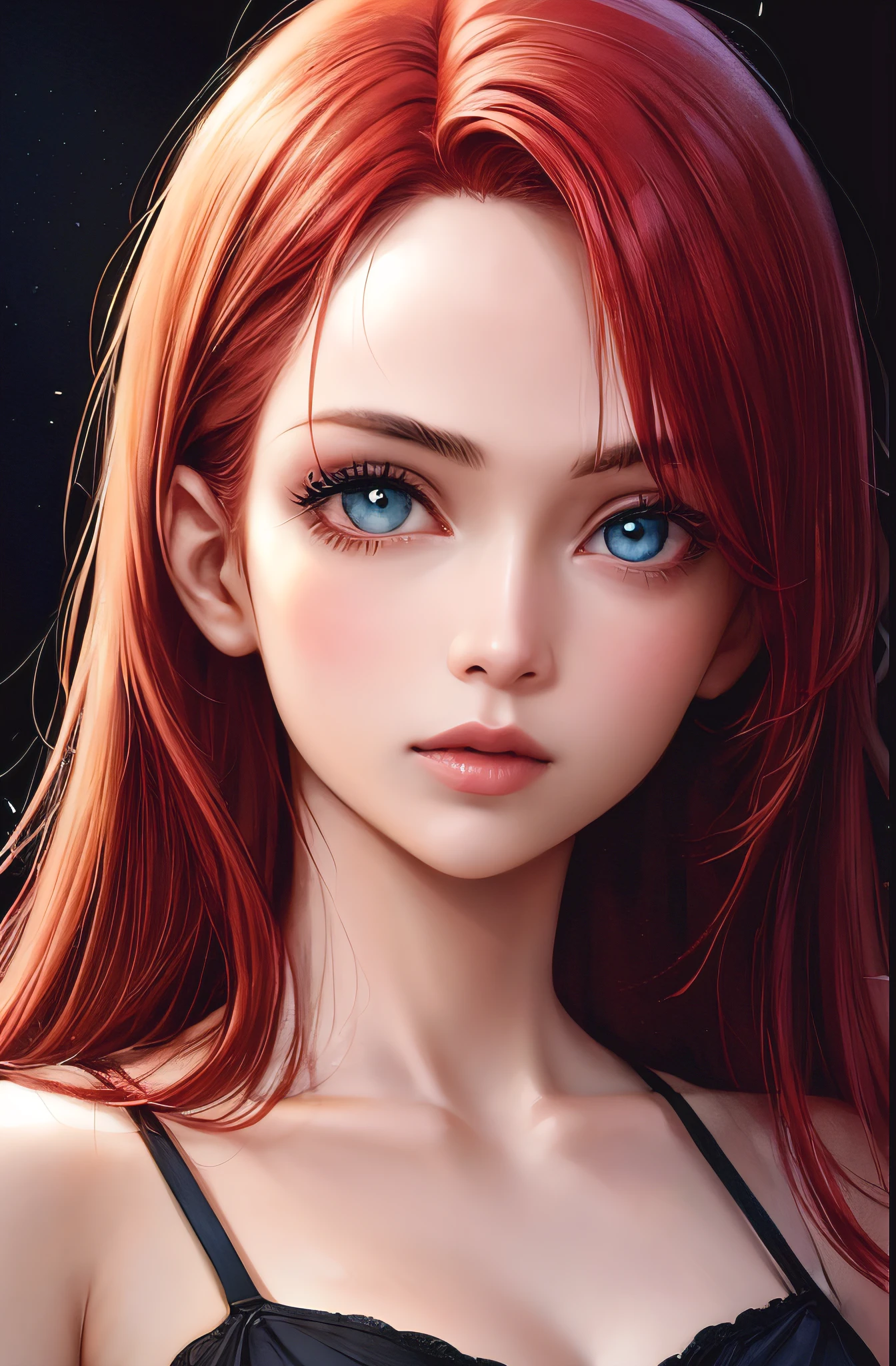 1girl, olho de estrela, corar, perfect lighting, red hair, Olhos vermelhos, Motor irreal, side-lighting, rosto detalhado, franja, pele brilhante, Background Story, dark Background Story,