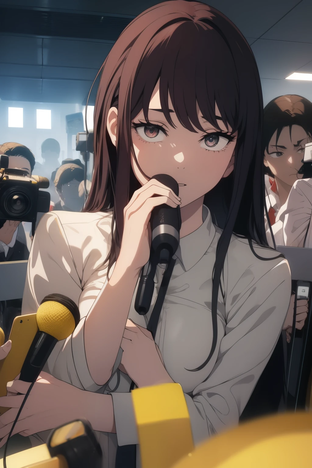 ((masterpiece, best quality)), pretty girl, a bunch of reporters crowding a girl with thier microphones in hand, multiple reporters, (wide shot)