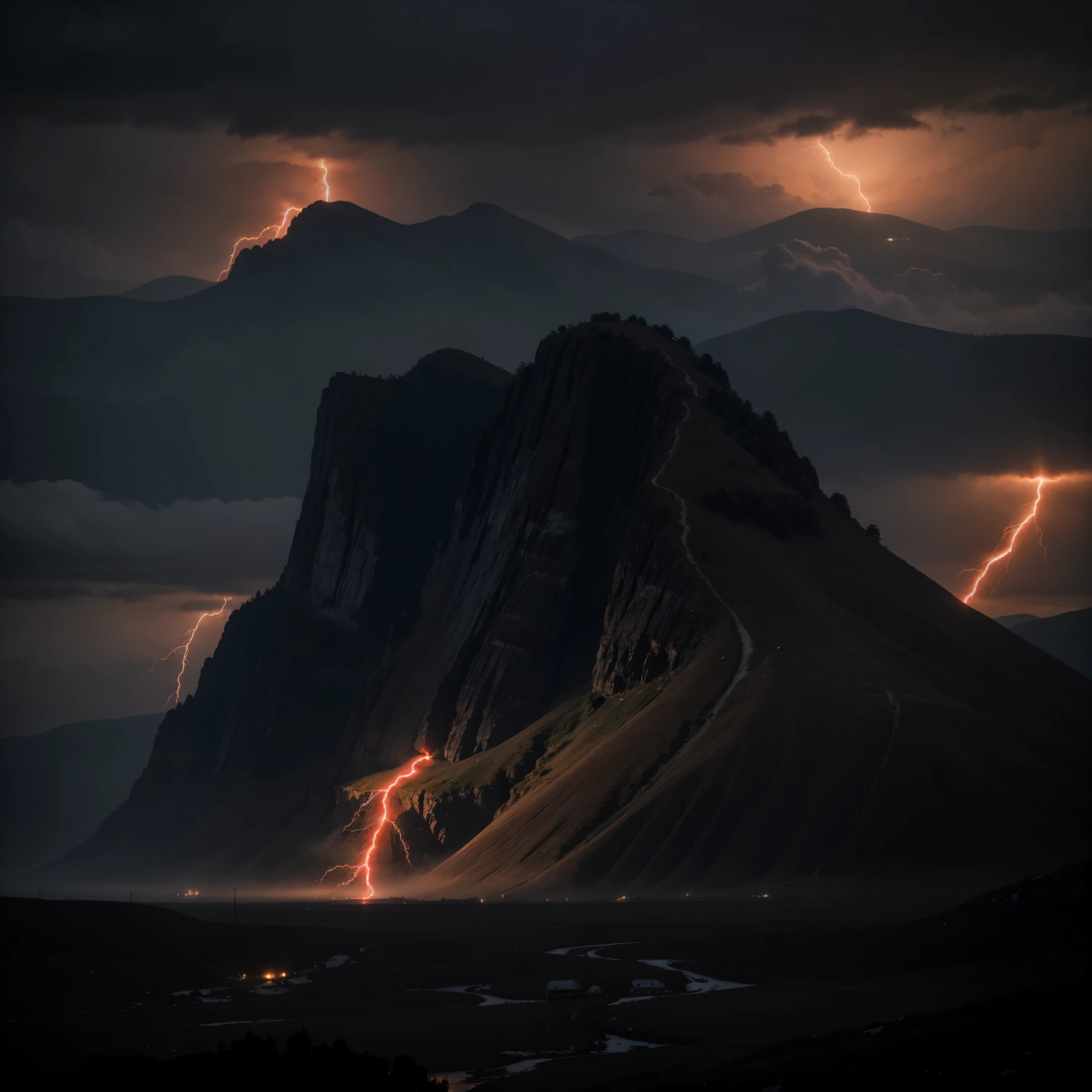 a very dark landscape with many red lightning