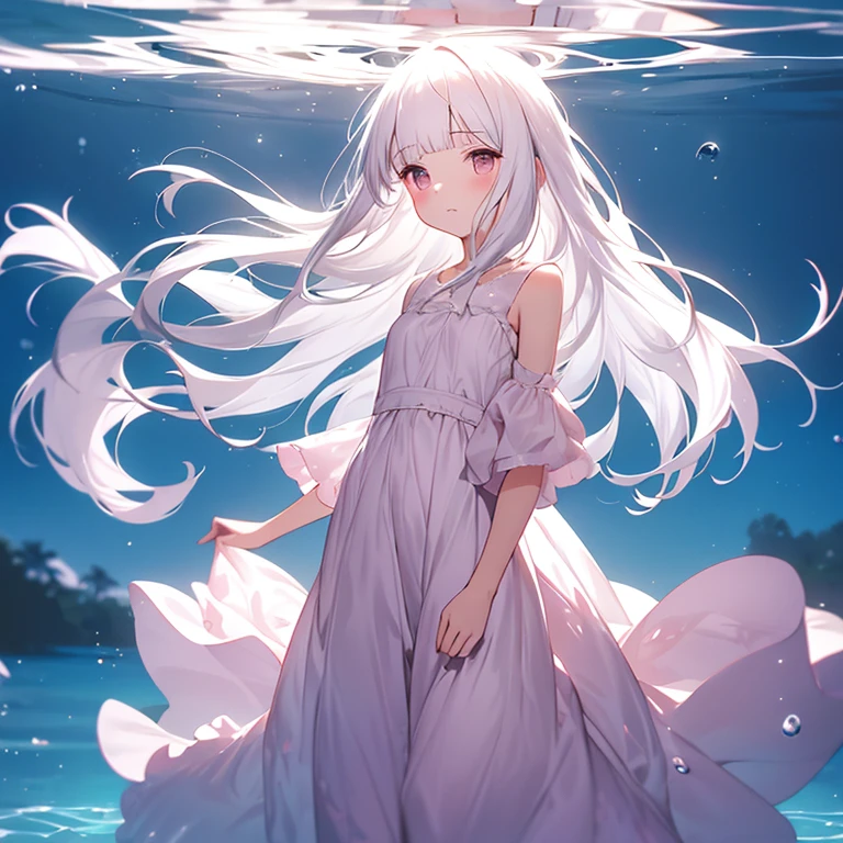 Petite ,White hair, Smooth straight bangs,pastel pink theme, under the water, Full body, Long dress，florals