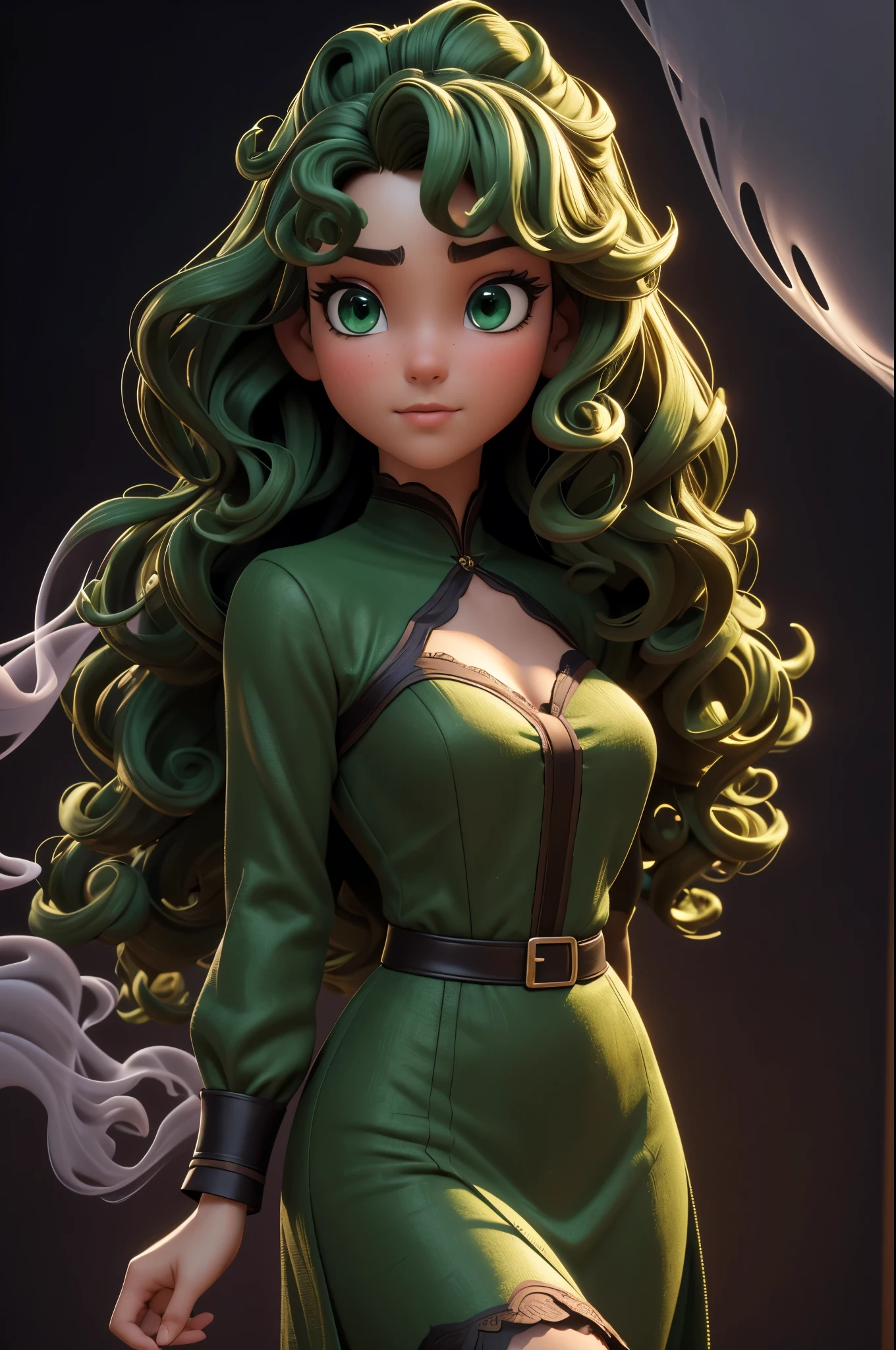(Masterpiece),((High quality d)),(best beautiful:1.2),(artwork of a),((3D stereoscopic face)),8K,(Disney),A dark brown girl with a beautiful face, (green curly hair), green eyes, faint blush, Wearing a black lace top, Stand on a modern stage, Her eyes were focused on the distance, She is a singer, The background is blurry and mysterious, Illuminated by light, Enchanted expression, artistic design, Three-dimensional, Close-up shots,((The side is full of smoke)),