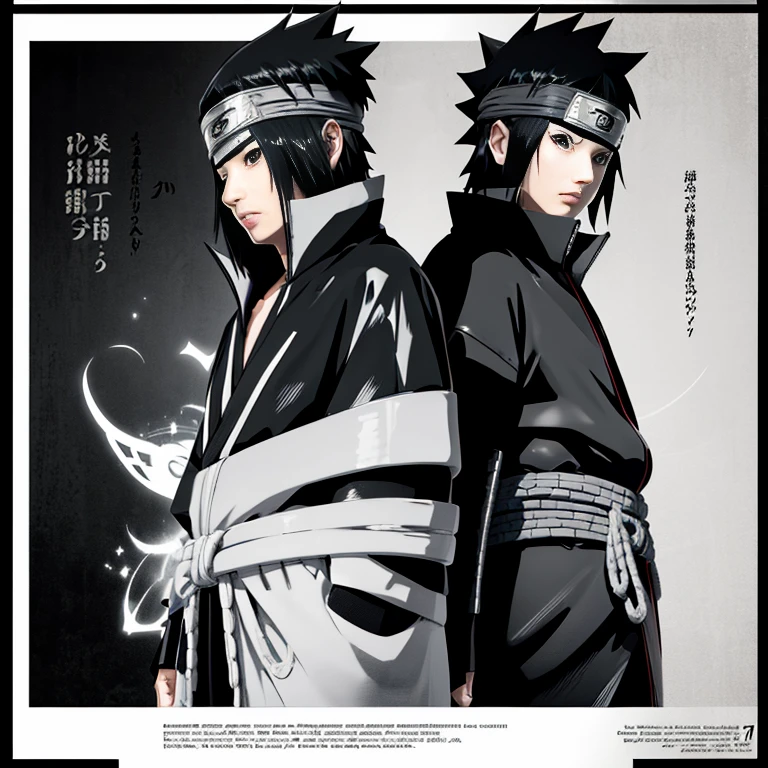 Make the image of Sasuke Uchiha how is it in the manga, image, in black and white and black jacket
