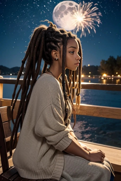 a woman sitting with dreadlocks in her hair looking at a full moon with New Year's fireworks starry sky