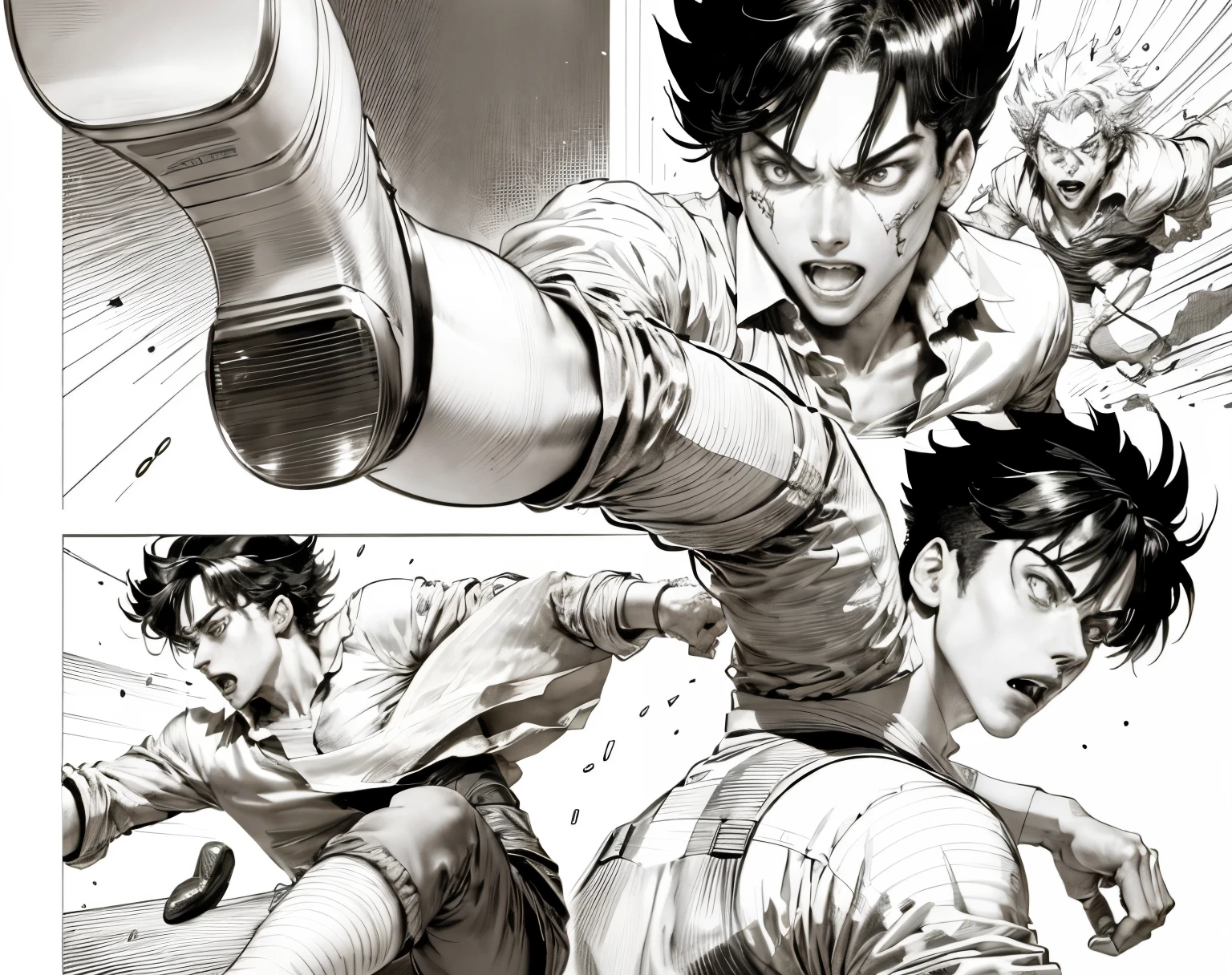 fan page of a comic book with a shirtless man fighting, award-winning manga style, black and white manga page, black and white manga panel, manga page, manga scans, detailed manga style, afro samurai manga style, Battle Angel Manga, manga panels, Hajime no Ippo Manga Inspirado, striking manga artstyle, black and white manga comic