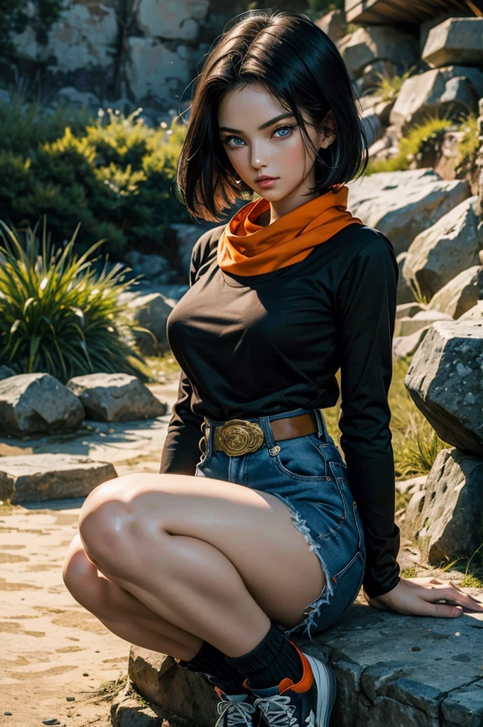 (masterpiece), best quality, expressive eyes, perfect face, highres, 1 girl, solo, android  girl, (female body:1.3), blue eyes, black hair,parted hair,short hair, black shirt, jeans, layered shirt, white sleeves,orange bandana, blue sneakers, green socks, brown belt, red patch, outdoor, landscape, sitting on floor, portrait, looking at the viewer