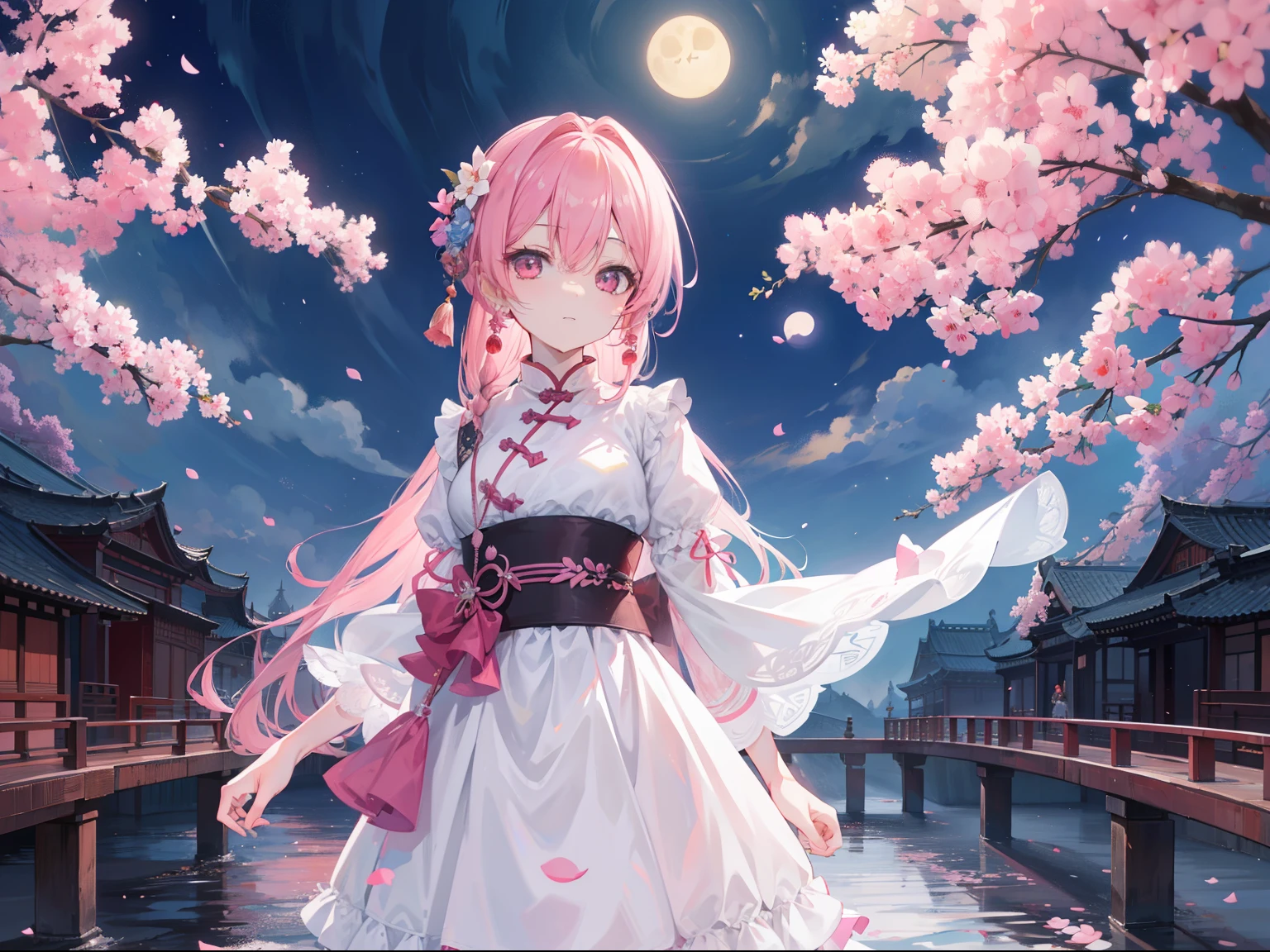 Chica sosteniendo rosa，Stand on a bridge in the moonlight，El fondo es de estilo chino.。Sus rasgos faciales son delicados，La calidad de imagen es la mejor，Ofrezca resultados de obra maestra，The image is clear and sharp.，ultra HD 4k resolution