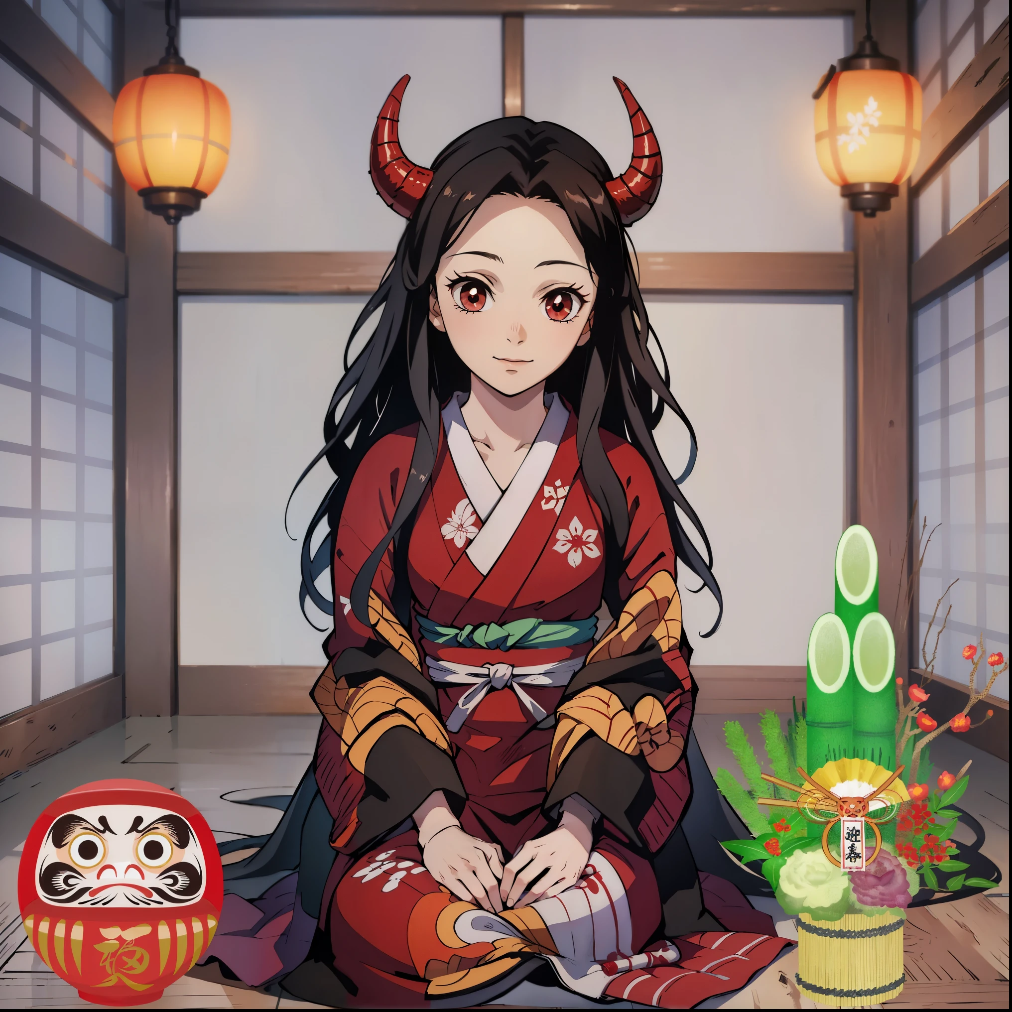 (masterpiece, best quality:1.2), kimetsu no yaiba style, kamado nezuko, (1girl, solo), 20years old, kimono, black long hair, (red demon horns, red eyes), smile, (sitting straight, SEIZA), Japanese old style room, Japanese new year event ornament, (Japanese DARUMA doll:1.1), (Japanese bamboo ornament:1.1)