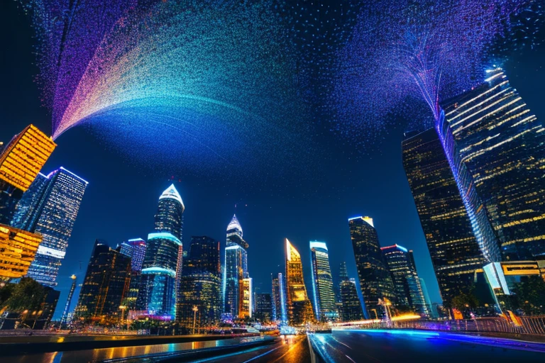 (best quality,4k,8k,highres,masterpiece:1.2),ultra-detailed,(realistic,photorealistic,photo-realistic:1.37),digital holographic background,abstract,connection,city lights, network, vibrant colors, futuristic vibes, glowing skyscrapers, neon signs, flickering lights, cascading data streams, overlapping grid patterns, holographic projections of buildings and roads, bustling city streets, vibrant energy, futuristic architecture, synchronized movement, immersive digital experience, dynamic composition, energetic atmosphere, high-tech aesthetics, interwoven cityscape, interconnecting lines, technological advancements, vivid color palette, radiant lights, cyberpunk-inspired, abstract representation of a connected city and network.