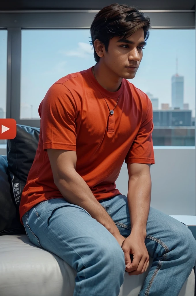 "Create a 3D illustration of an animated character of a cute boy sitting casually on top of a "YouTube" social media logo. The character should wear modern Indian clothing. The character's background is a mockup of his profile page on YouTube with a profile name "Smart Graphics" and a profile photo matching the character."