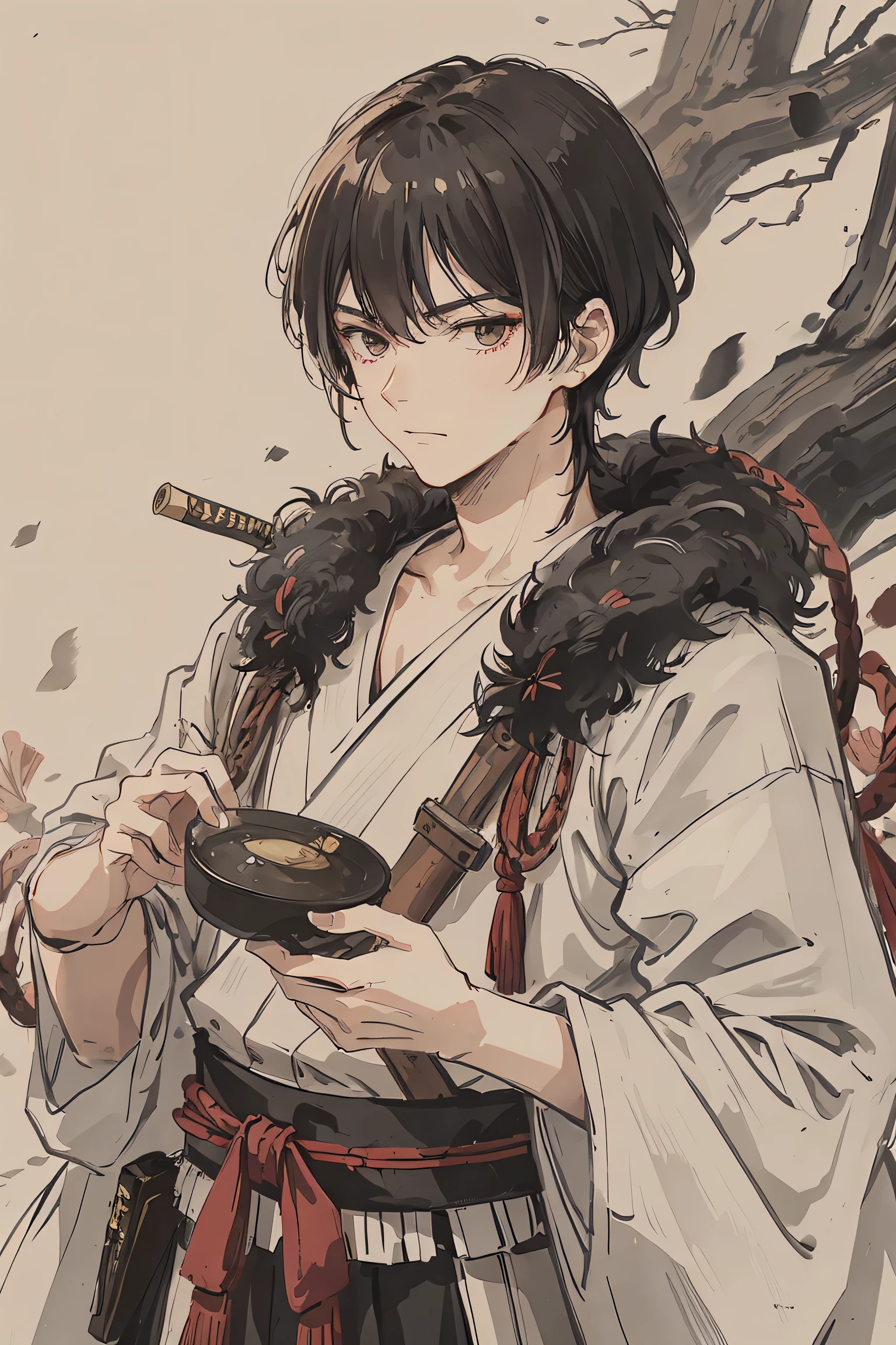 sparrow, a black haired men, wearing a red samurai armor, medium hair, samurai armor, slim body, shirt ornament, hakama, men, handsome face