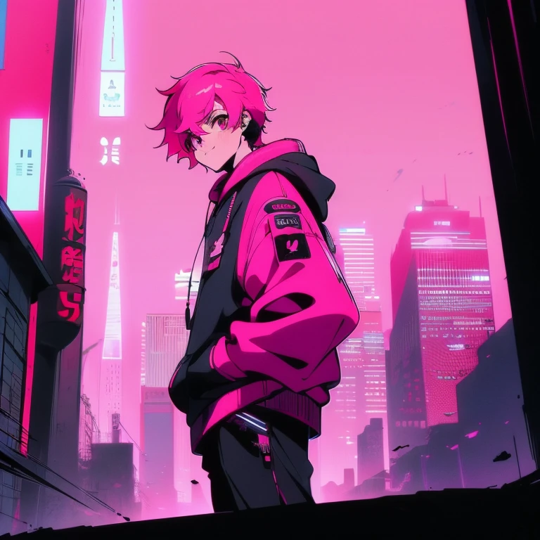 (short-cut), (Two-block hair), (vivid pink hair), (male character), (Red Eyes), (Cool pose), (of the highest quality), (masterpiece), (ultra-detailliert), (Oversized hoodies), (Street), (neons), (Modern City), (neonsデイライト), (Cinematic), (Stylish), (hight resolution), (Hyper Detailed), (Looking at the camera), (Anime-style), (Softtown), (nightcore), (a handsome man), (Listening to music through headphones), (natural appearance of the building), (casual), (ig studios anime style), (Standing Pose), (Camera from low angle), (With smiling eyes),