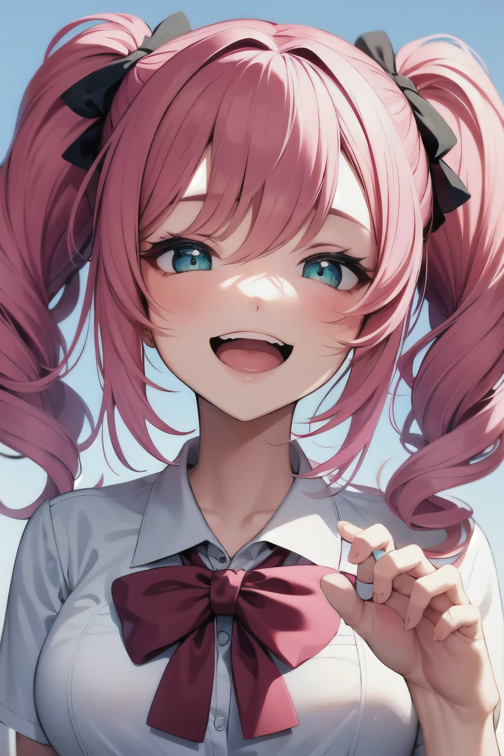 masterpiece, 1girl, best quality, expressive eyes, perfect face, hotpink hair, medium hair, small twintails, wavy hair, aqua eyes, smile, open mouth, medium breasts, school uniform,