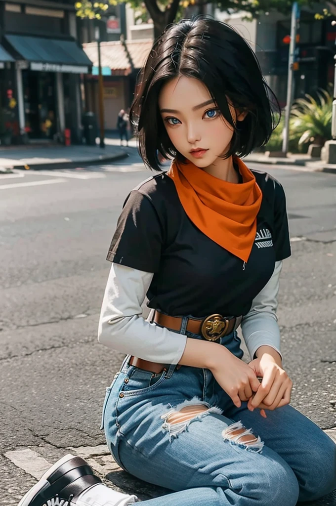 (masterpiece), best quality, expressive eyes, perfect face, highres, 1 girl, solo, android 17 girl, (female body:1.3), blue eyes, black hair,parted hair,short hair, black shirt, jeans, layered shirt, white sleeves,orange bandana, blue sneakers, green socks, brown belt, red patch, outdoor, landscape, sitting on floor, portrait, looking at the viewer