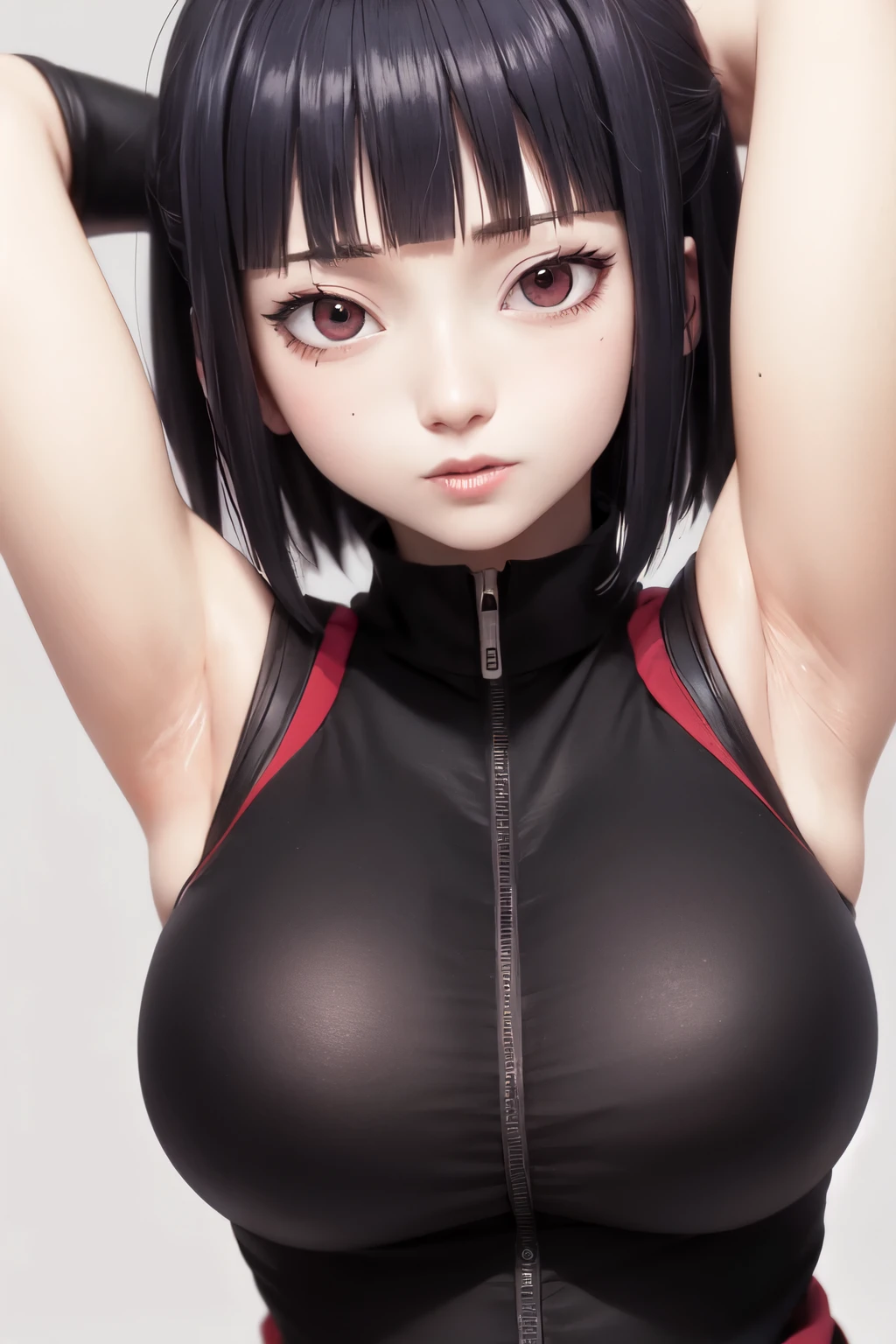 Hinata from Naruto Shippuden, UHD Hinata, Sleeveless top, Arms up in the air, UHD armpit details, UHD Face details, UHD underarms, Leaf village, Large breasts