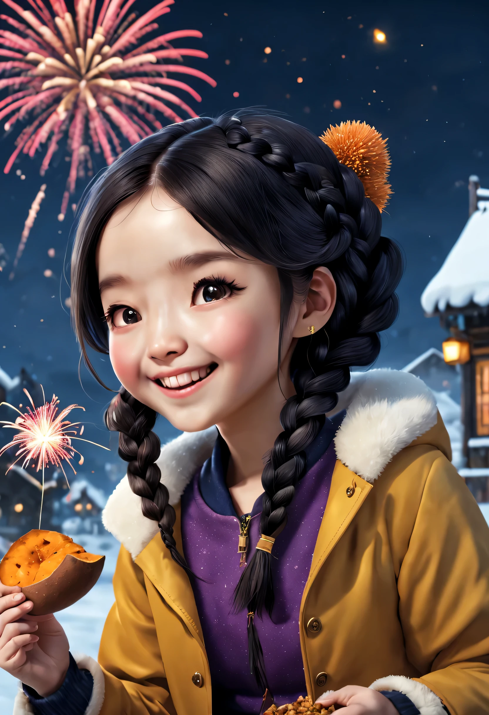 (2024 New Year theme poster design),(Cute kawaii happy smiling asian girl wearing retro northeastern cotton saffron jacket is eating roasted sweet potato) ,(Playful black braids),奈良美智、Ray Caesar、Liuye Design,Background with:Fireworks bloom on a snowy night in the countryside