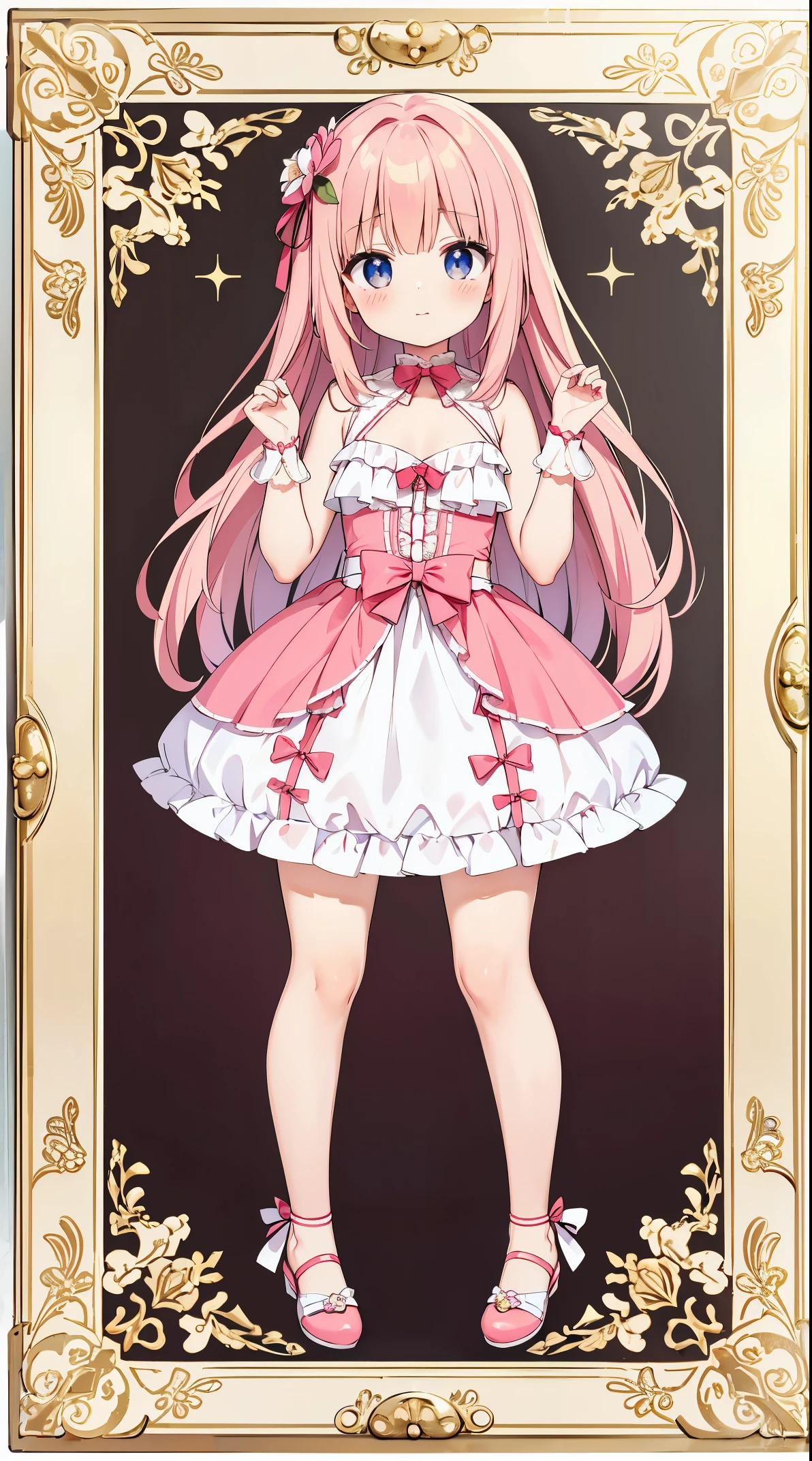 top-quality, 8K, High image quality、From diagonally above、Push up the strawberry diamond held in one hand、beautiful a girl，(full body Esbian)，Look at the camera、Costume inspired by strawberries、large round eyes，detaileds、cute little，Light in the eyes、I'm blushing、A treasure trove of possibilities、precision of details、Strawberry parfait image space、The background is pastel colors.