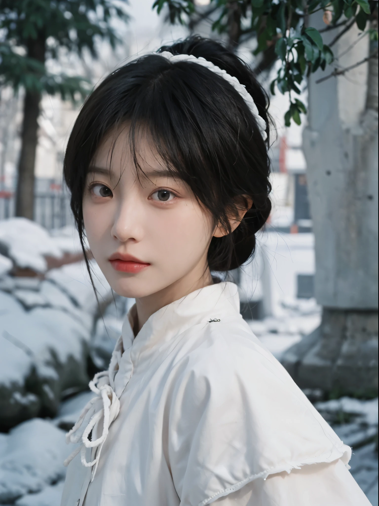 Best quality， 超高分辨率， white backgrounid，（realistically：1.4）， girl， A pair of eyes as clear as snow,Imperial sister，Black long straight， looking at viewert， close up ，