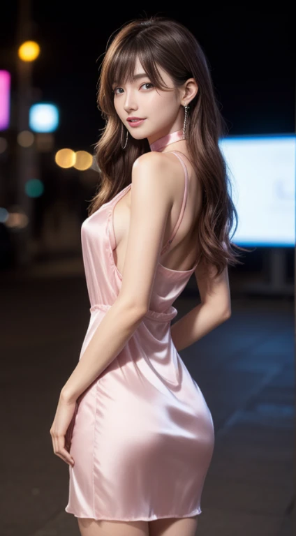 8K, tmasterpiece, RAW photogr, Best quality at best, realisticlying, extremely detailed CG unity 8K wallpaper, depth of fields, 电影灯光, lens flare glow, Ray traching, (Extremely beautiful face, beautifullips, pretty eyes), Intricately detailed face, ((Ultra-delicate skin)) 1 girl, in the darkness nigth, deep shading, Beautiful Korean girl, K-pop idol, 1 girl, (Very slim slender fit-muscled body:1.3), ((looking at viewert)),(Hefty Smile:1.3), (fashion city night, nigth, (neonlight), (vague background), Fashion Street Night),(No one is in the background:1.3), Beautiful earrings, bangle, choker necklace, lacepantyhose, Clear  eyes, foot on foot, (pale-skinned), (Big eyes looking forward, (Brown hairy body shot), ((silk pink dress:1.3)), ((tightly dress)), ((laced dress)), (looking at viewert:1.3) avas, Very slim, medium, Turn Back, (rear projection), focal, In front of the eyebrows,(tightly dress), Thigh thick, mini-skirts