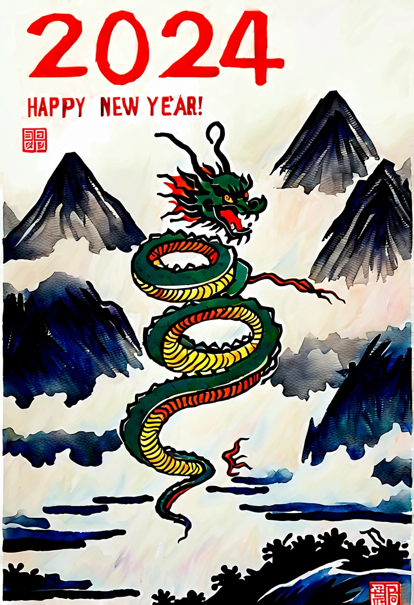masterpiece, top-quality, (ink and watercolor painting:1.5),New Year's card of Japan, (((Texto"Happy New Year 2024":1.5))), (Shenron flying in the sky:1.5),The background is a mountain
