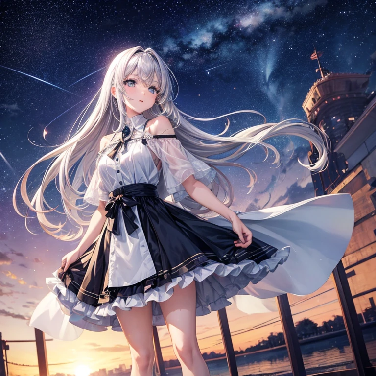 Anime-style silver-haired beautiful girl standing under the starry sky