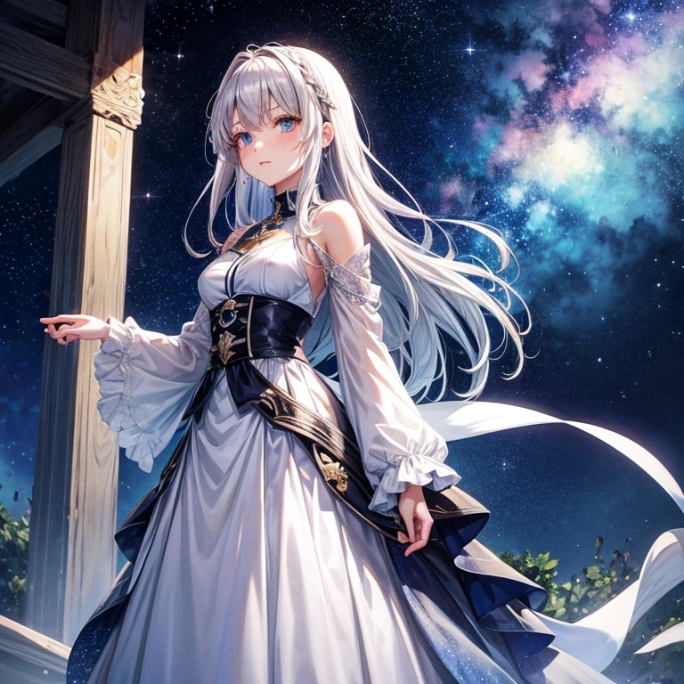 Anime-style silver-haired beautiful girl standing under the starry sky