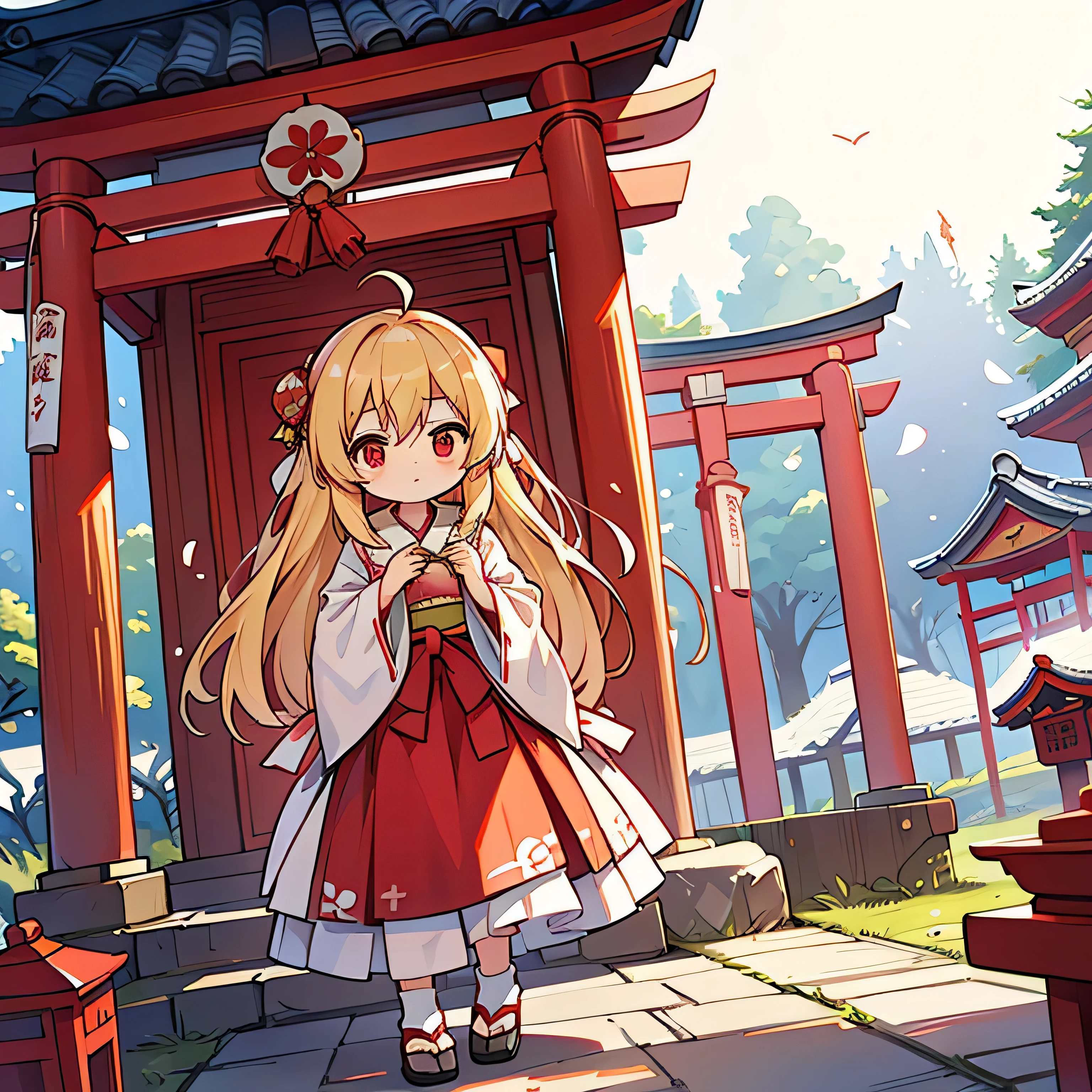 Ichigo Hoshimiya、Red Eyes、a blond、shrine maiden clothe、shrines、frombelow、