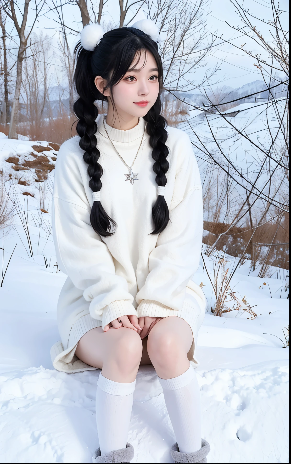 Snowball twintails，White skin of the，ccurateblack hair，With silver necklace，Over-the-knee white socks，Shirayuki&#39;s fox earox tails，Very delicate JK clothing