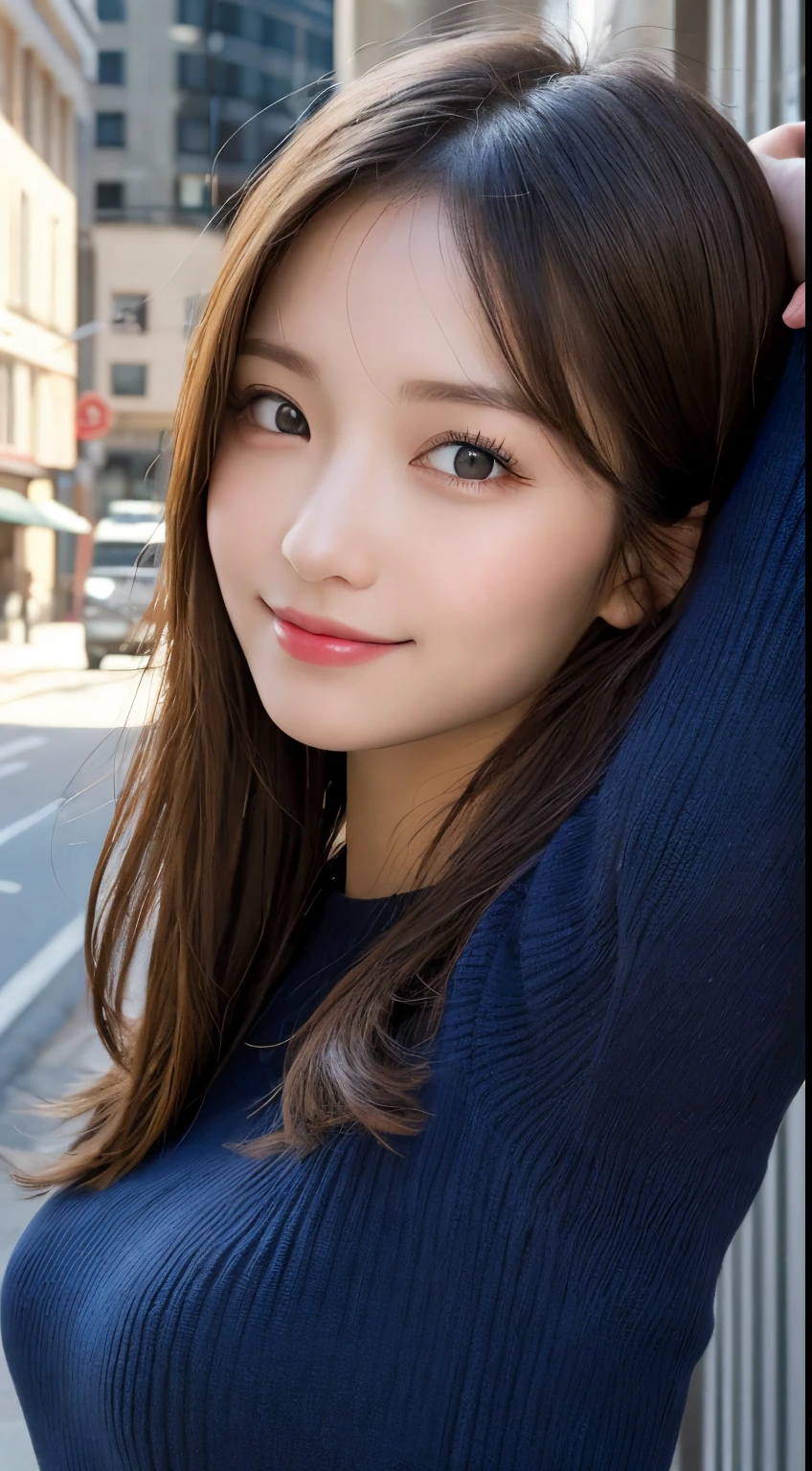 masutepiece, Best Quality, Illustration, Ultra-detailed, finely detail, hight resolution, 8K Wallpaper, Perfect dynamic composition, Beautiful detailed eyes, Winter dress,Medium Hair, Small breasts, Natural Color Lip,Smile,Big city、20 years girl、Midnight、beautifull detailed face、Perfect and beautiful face、slim face and style,Spread your arms wide,Big eyes、a small face、