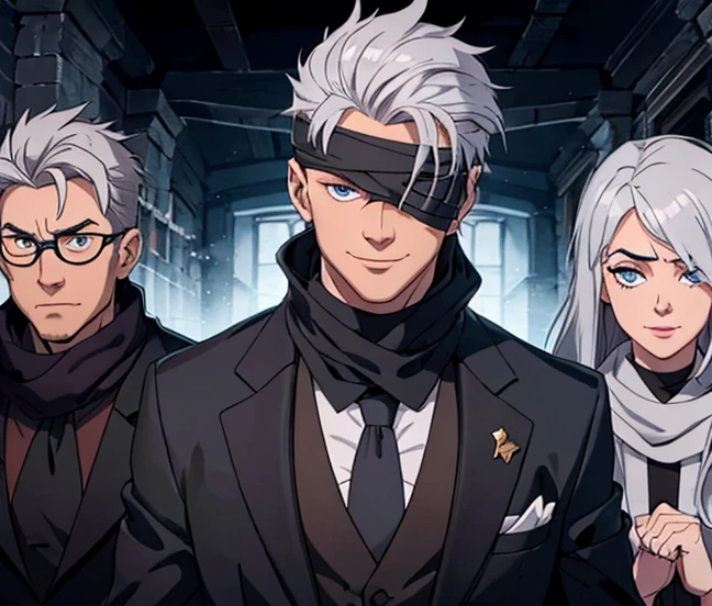 Male, middle-, teacher, ((eye bandages)), scarf, spiky upward silver hair, black suit, smiling, medieval background. (((Have the bandage cover both eyes))) (single character)