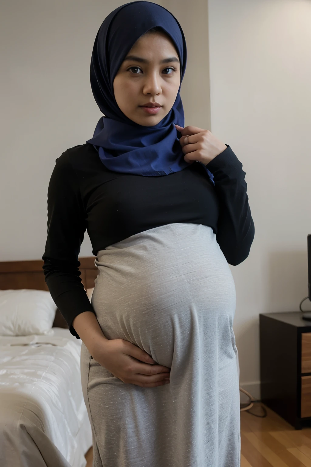Pregnant Malay Muslim girl wear blue scarf spread