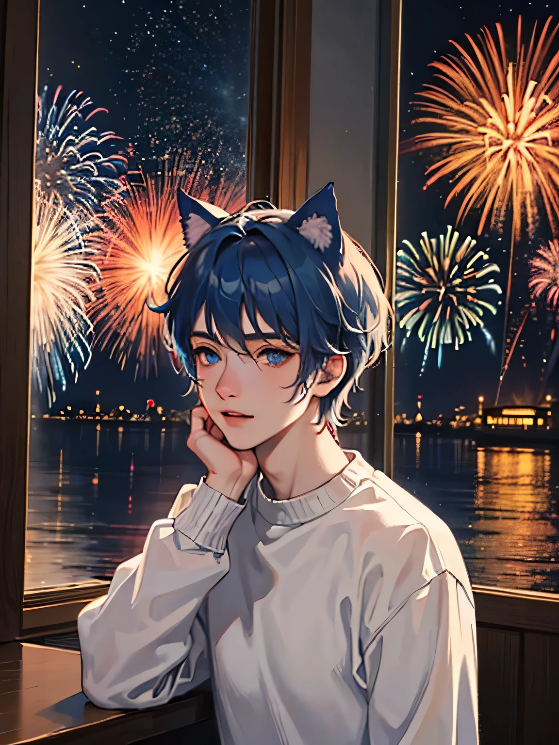 Masterpiece, best quality, super detailed, illustration, ((1boy)), ((man)), short blue hair, ((blue cat ears)), blue eyes ,wearing a sweater in his dark and dreary room, ((looking out the window at the fireworks display on the horizon while feeling alone)).