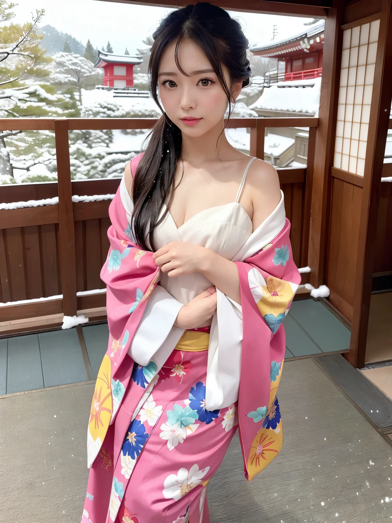 (colorful printed japanese Kimono: 1.2), ((of the highest quality, 8K, masutepiece: 1.3, Raw photo)), Sharp Focus: 1.2, (1 AESPA Girl :1.1), SOLO, (Realistic, Photorealistic: 1.37), (Face Focus: 1.1), Cute face, hyperdetailed face, (updo: 1.2), (Falling snow:1.2), (Hair swaying in the wind:1), (Light reflecting snow:1.3), Japanese theme, Washi background, Filming in the Japan Garden, Beautiful Japanese makeup, A beautiful woman that symbolizes Japan culture, (small breasts, flat chest, thigh: 1.1), junping