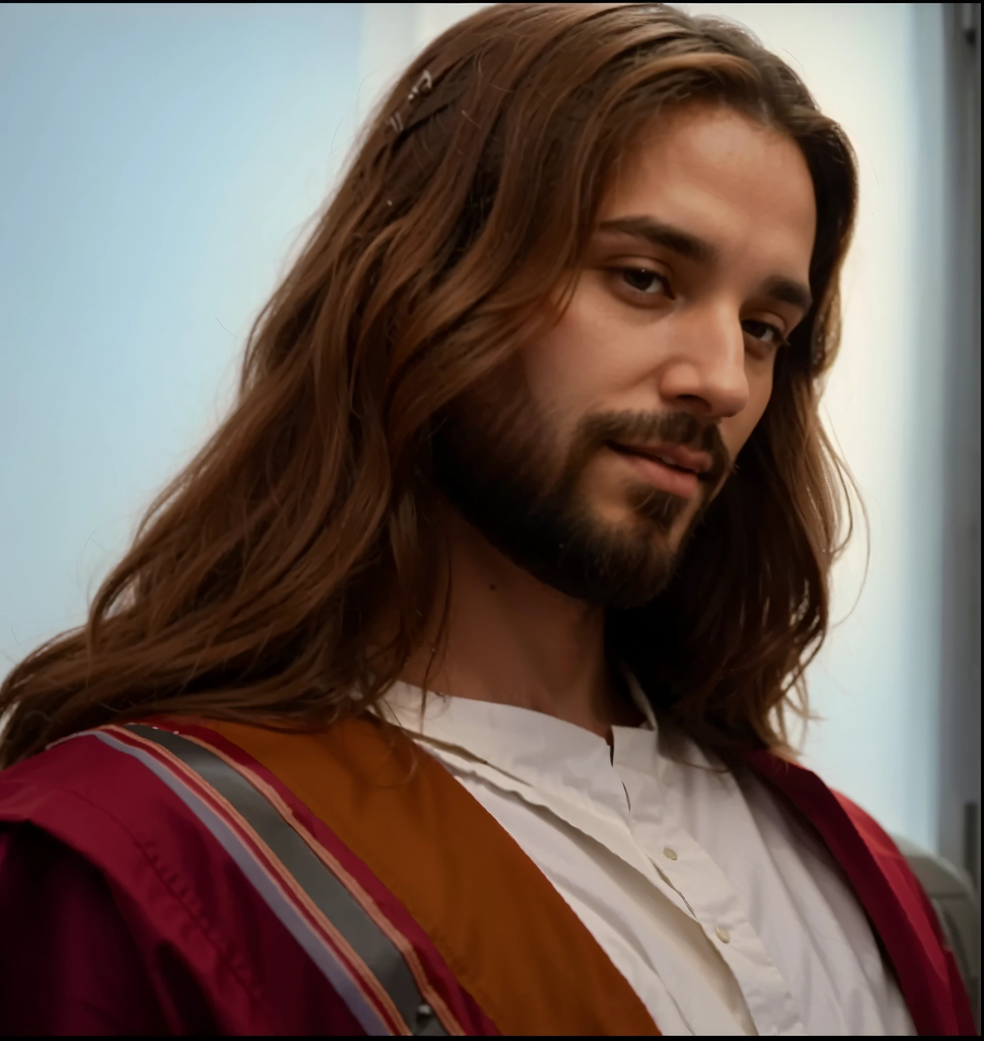 jesus with long hair and beard in a red and white robe, jesus christ, jesus, jesus face, portrait of jesus christ, jesus christ in mass effect, gigachad jesus, dressed like jesus christ, the lord and savior, jesus of nazareth, he is greeting you warmly, avatar image, lord, young almighty god, tron legacy jesus christ, profile pic, realistic image, 16k resolution