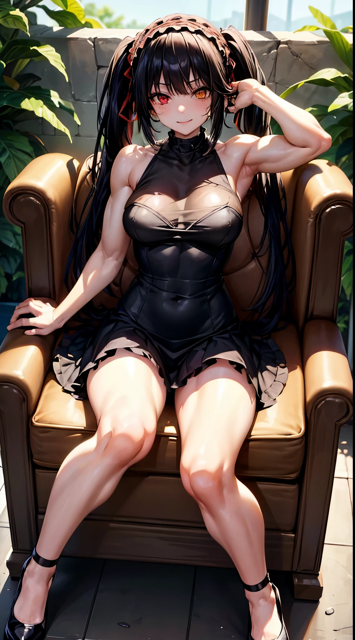 1 girl, bare shoulders, black hair, medium breasts, (muscular legs), (bare legs), white skin, muscular belly, wide hips, thin waist, (((clock eyes))), in the pool with the hot sun , (((sitting on the chair with her legs wide open))), full body, hair band, (((all wet))), heterochromia, black high-heeled shoes, ta hair band, long hair, red eyes , mischievous smile, (sly look), only, symbol-shaped pupils, (Kurumi tokisaki), (twintails), yellow eyes