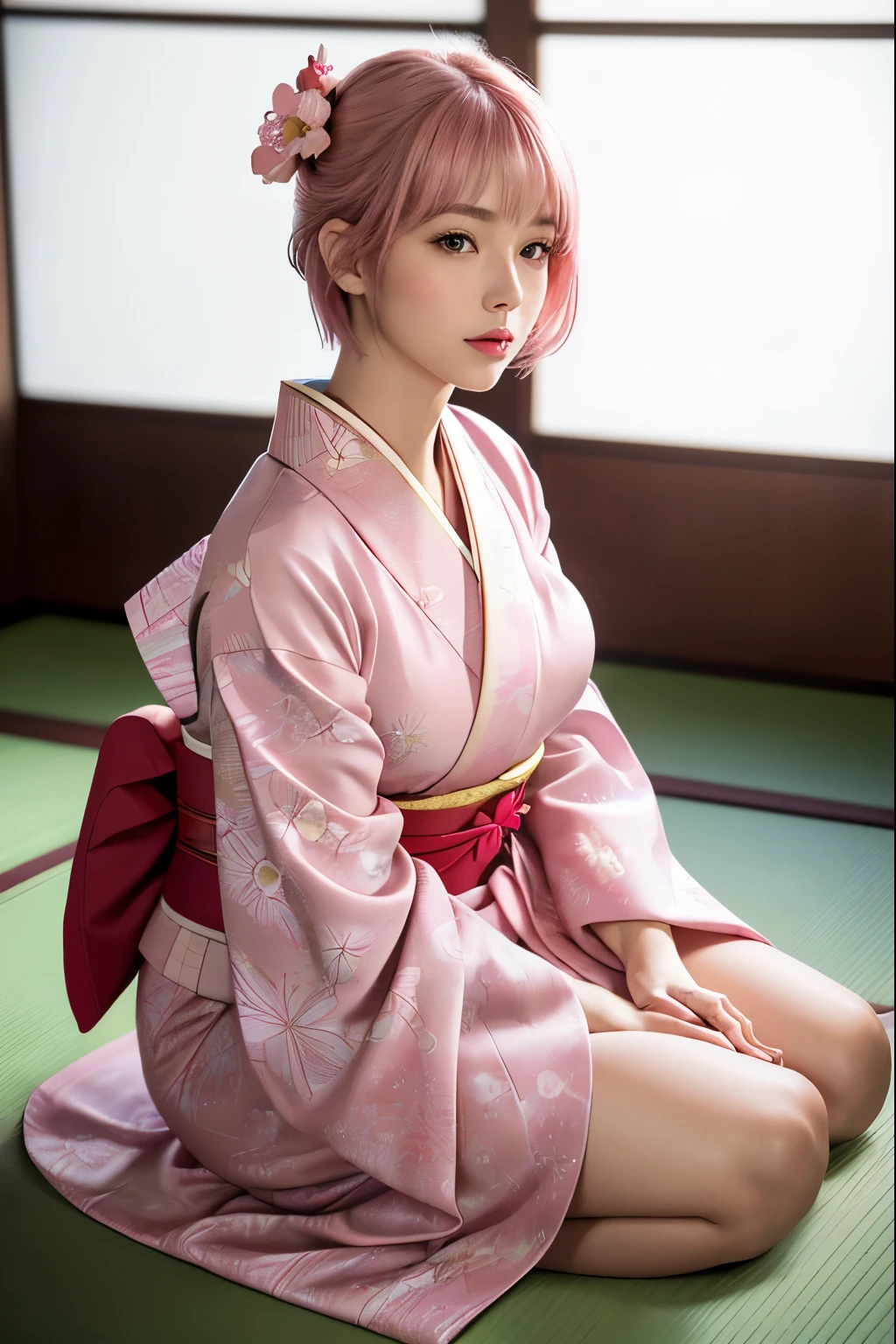 (8K, top-quality, masterpiece:1,2), (reallistic, Photorealsitic:1.37), Super Detail, One girl,), (Highly detailed), (beautifully detailed eyes), (of the highest quality), (super detailed ), (masterpiece), (Detailed face),20yr old, ,1 girl, full body, pink hair,Very short hair, medium breasts, clothed, Perfect Lighting, pussy and breast focus, looking at viewer, aroused face, naughty face, ((New Year's greetings, sitting seiza, bowing, bowing from seiza posture)), ((bright kimono, red and pink kimono dress, furisode)), tatami, Japanese-style room