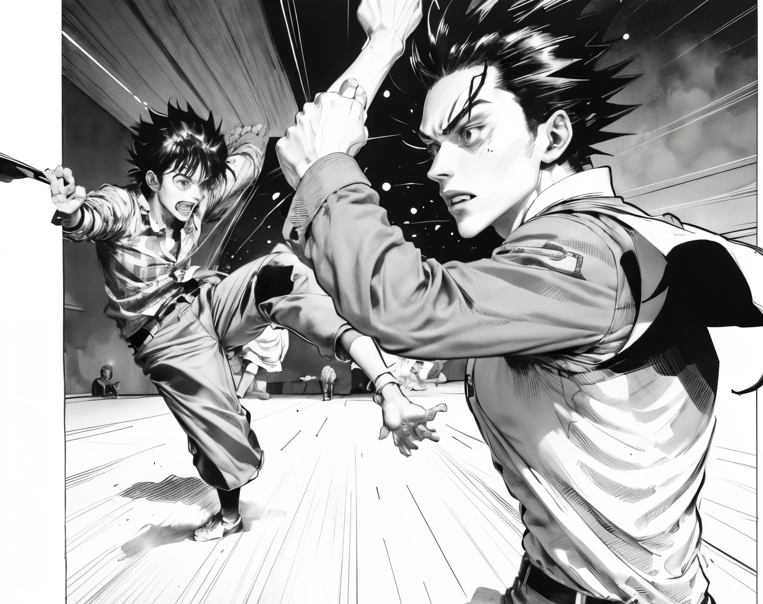 a drawing of a man in a white shirt and pants kicking, black and white manga page, Yoshitaka Amano e Junji Ito, Estilo Hajime Isayama, black and white manga panel, manga scans, manga page, striking manga artstyle, em Berserk Manga, award winning manga style, horror manga
