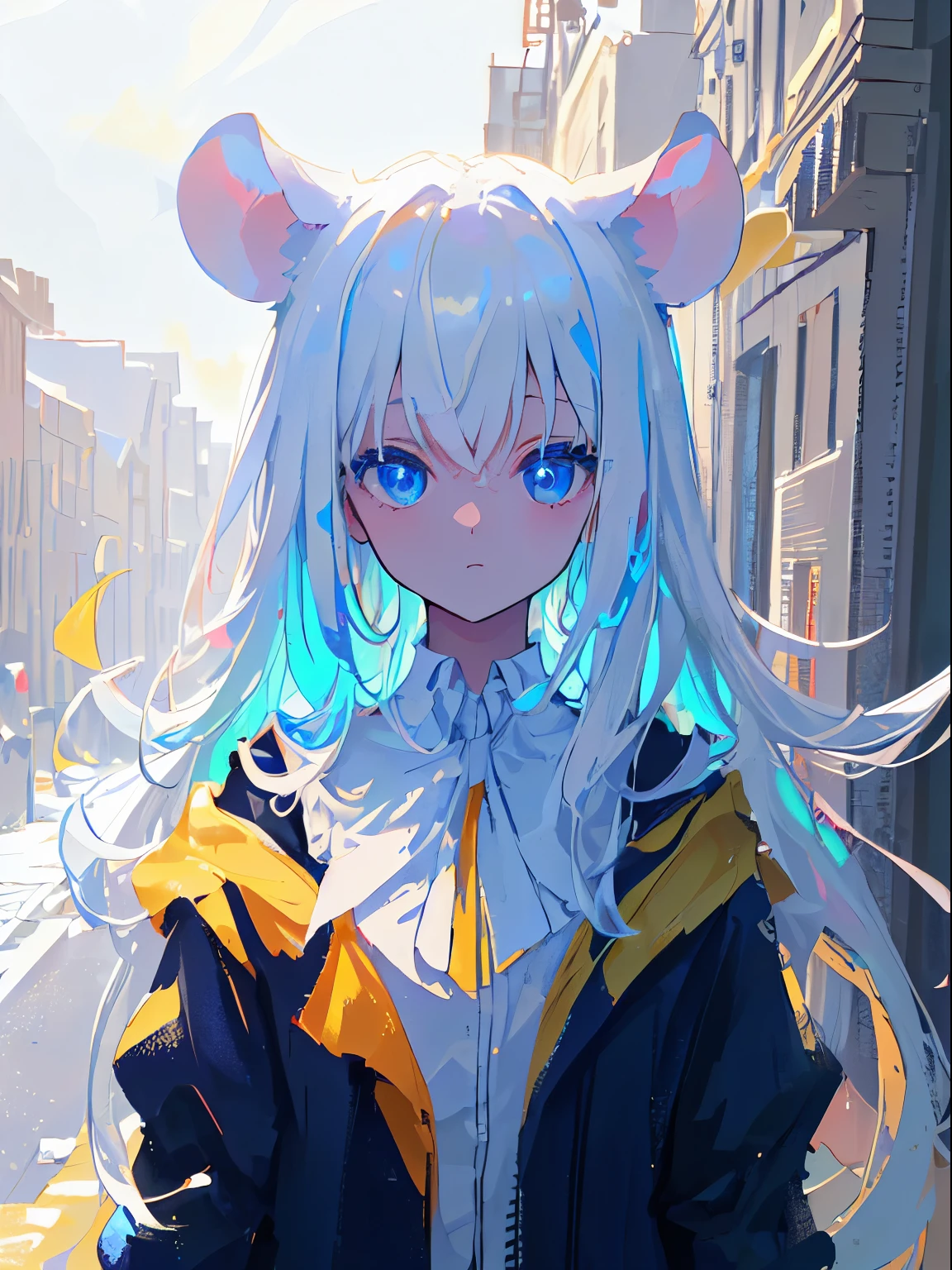 (Best quality at best,4K,8K,A high resolution,tmasterpiece:1.2),ultra - detailed,(actual,photoactual,photo-actual:1.37),Manteau blanc,long flowing white hair,age girl,arknight,Mouse ears,Bright blue eyes,gentlesoftlighting,nature backdrop,Futuristic atmosphere,vivd colour,Focus sharp